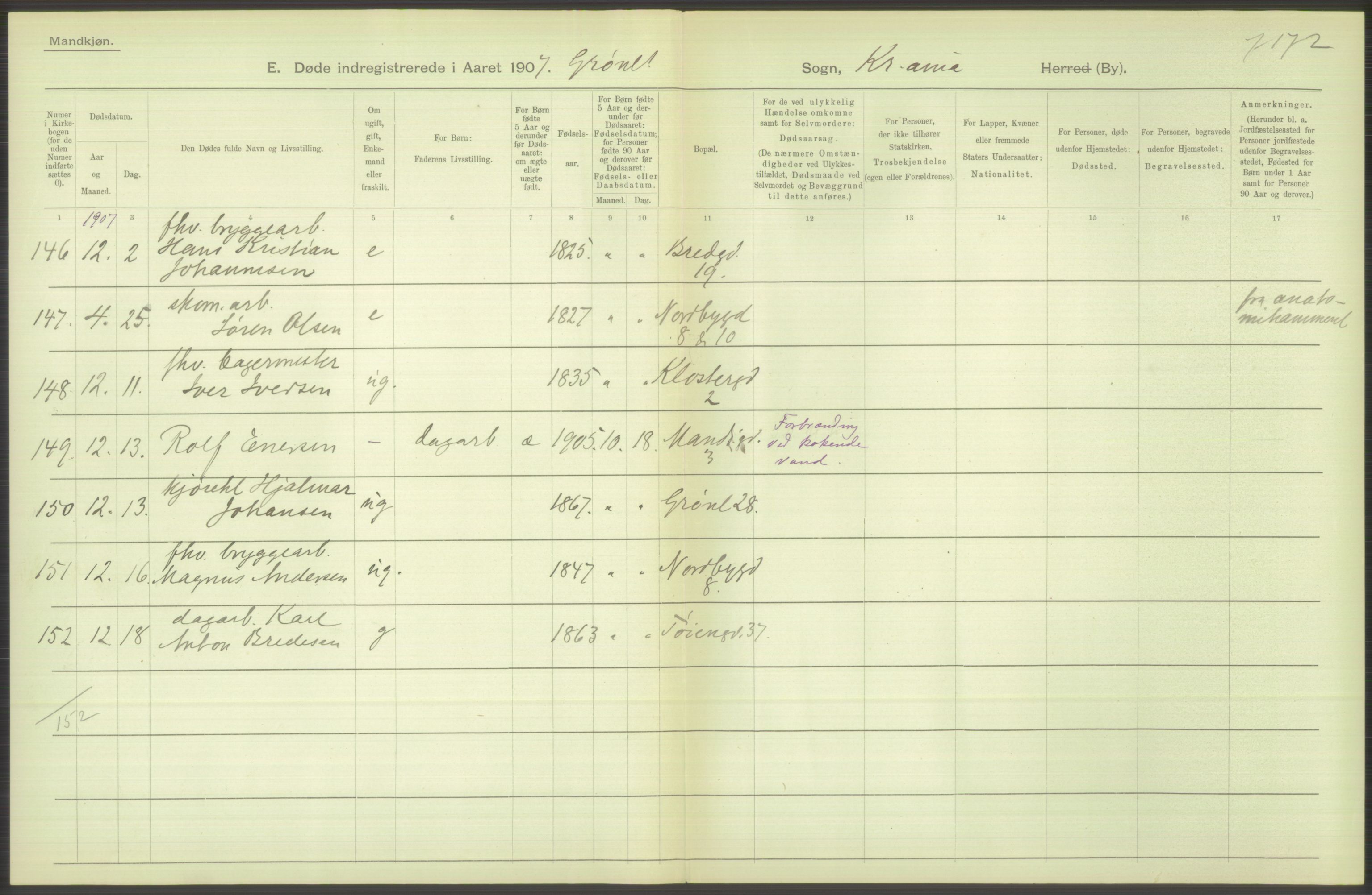 Statistisk sentralbyrå, Sosiodemografiske emner, Befolkning, AV/RA-S-2228/D/Df/Dfa/Dfae/L0010: Kristiania: Døde, dødfødte, 1907, p. 334