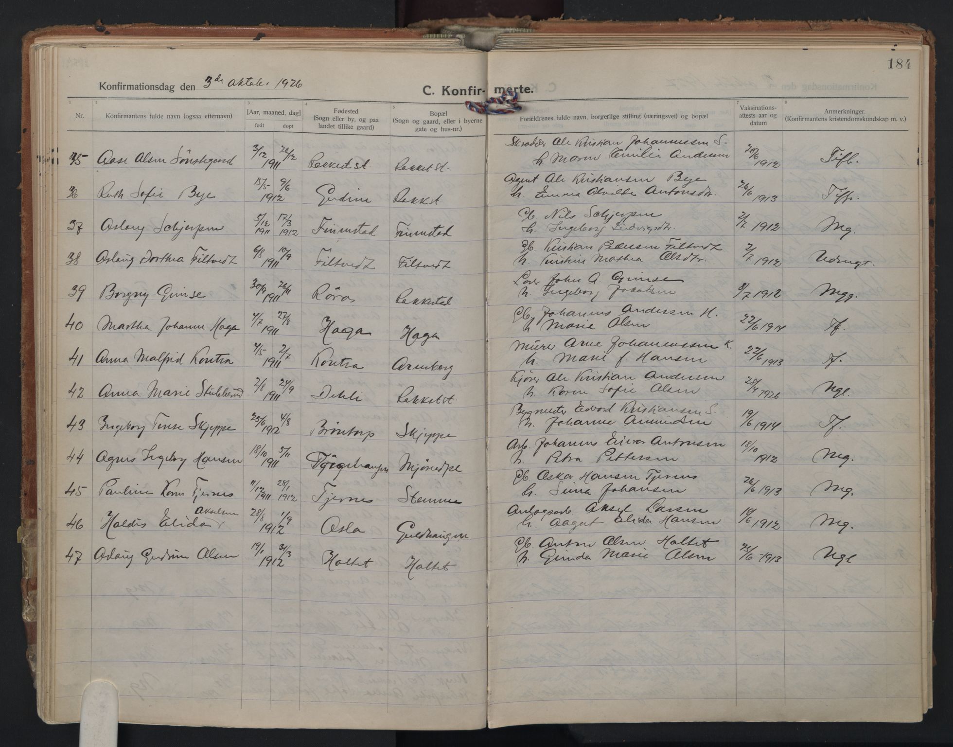 Rakkestad prestekontor Kirkebøker, AV/SAO-A-2008/F/Fa/L0016: Parish register (official) no. I 16, 1922-1943, p. 184