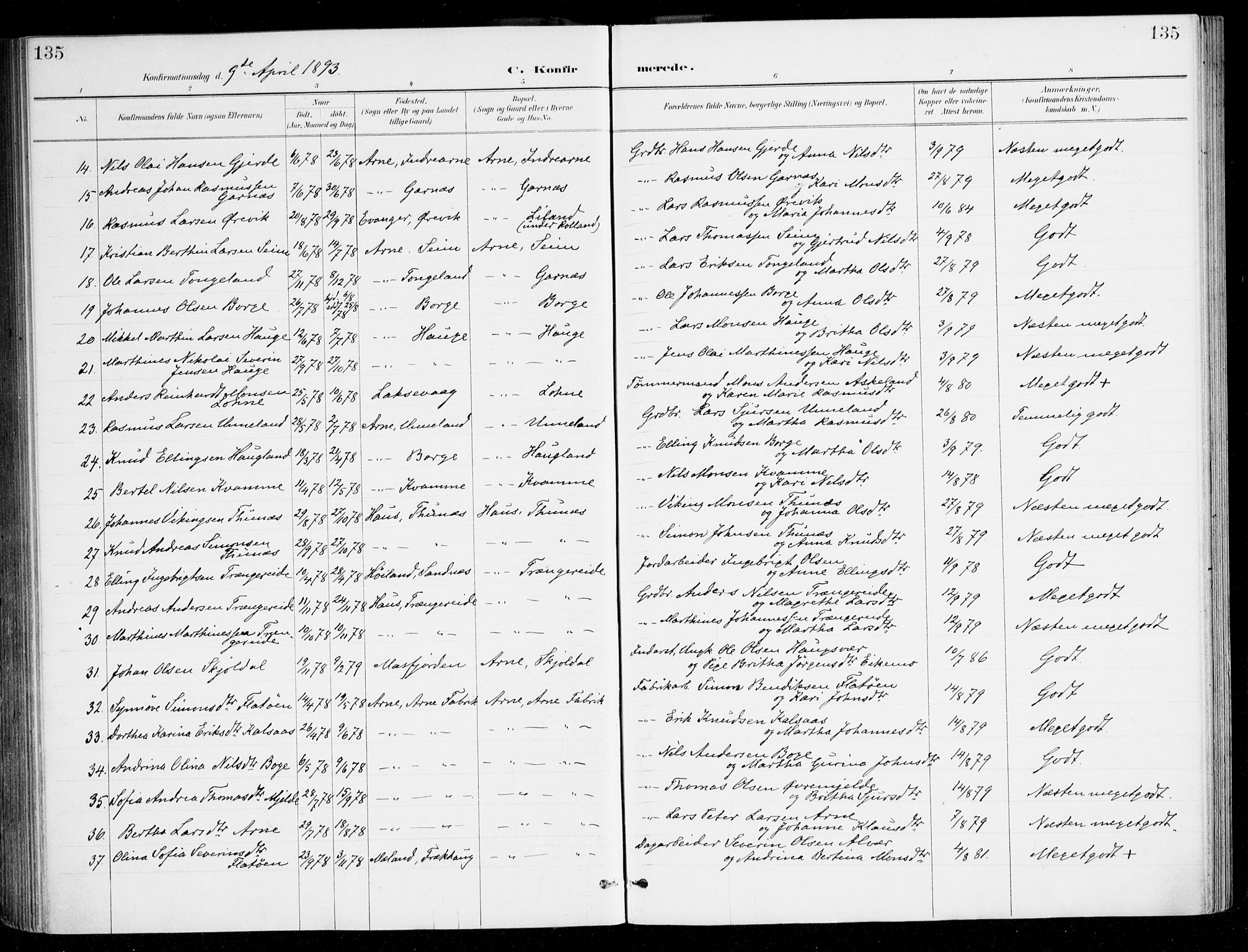 Haus sokneprestembete, AV/SAB-A-75601/H/Haa/Haad/L0001: Parish register (official) no. D 1, 1887-1898, p. 135