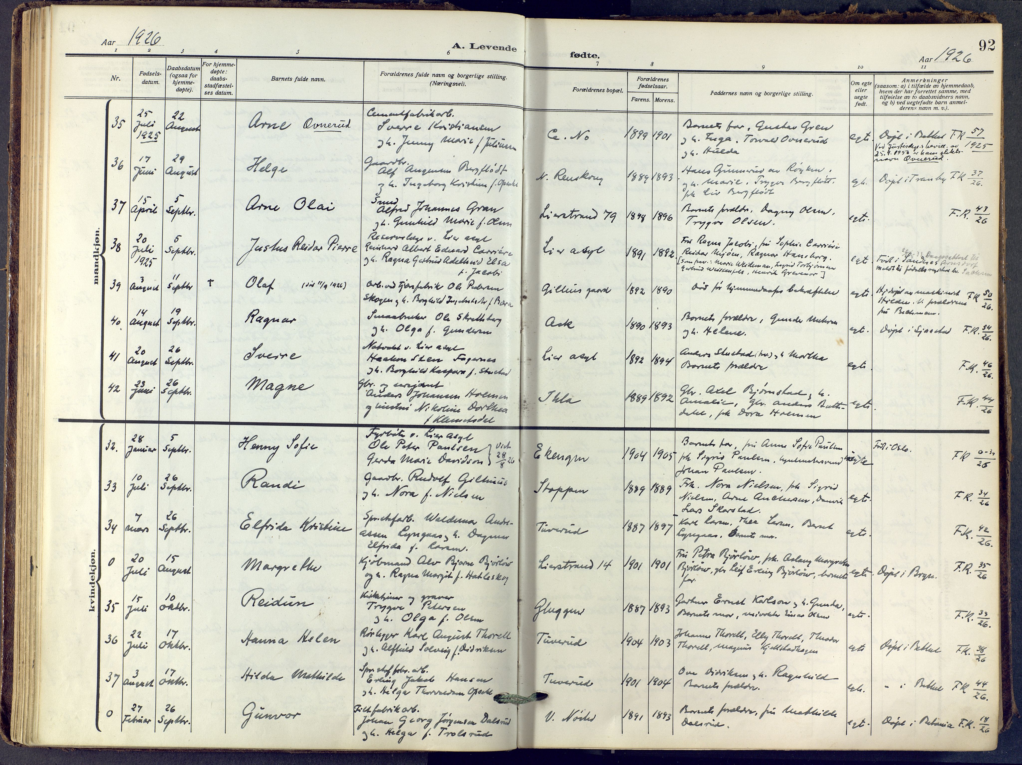Lier kirkebøker, SAKO/A-230/F/Fa/L0019: Parish register (official) no. I 19, 1918-1928, p. 92