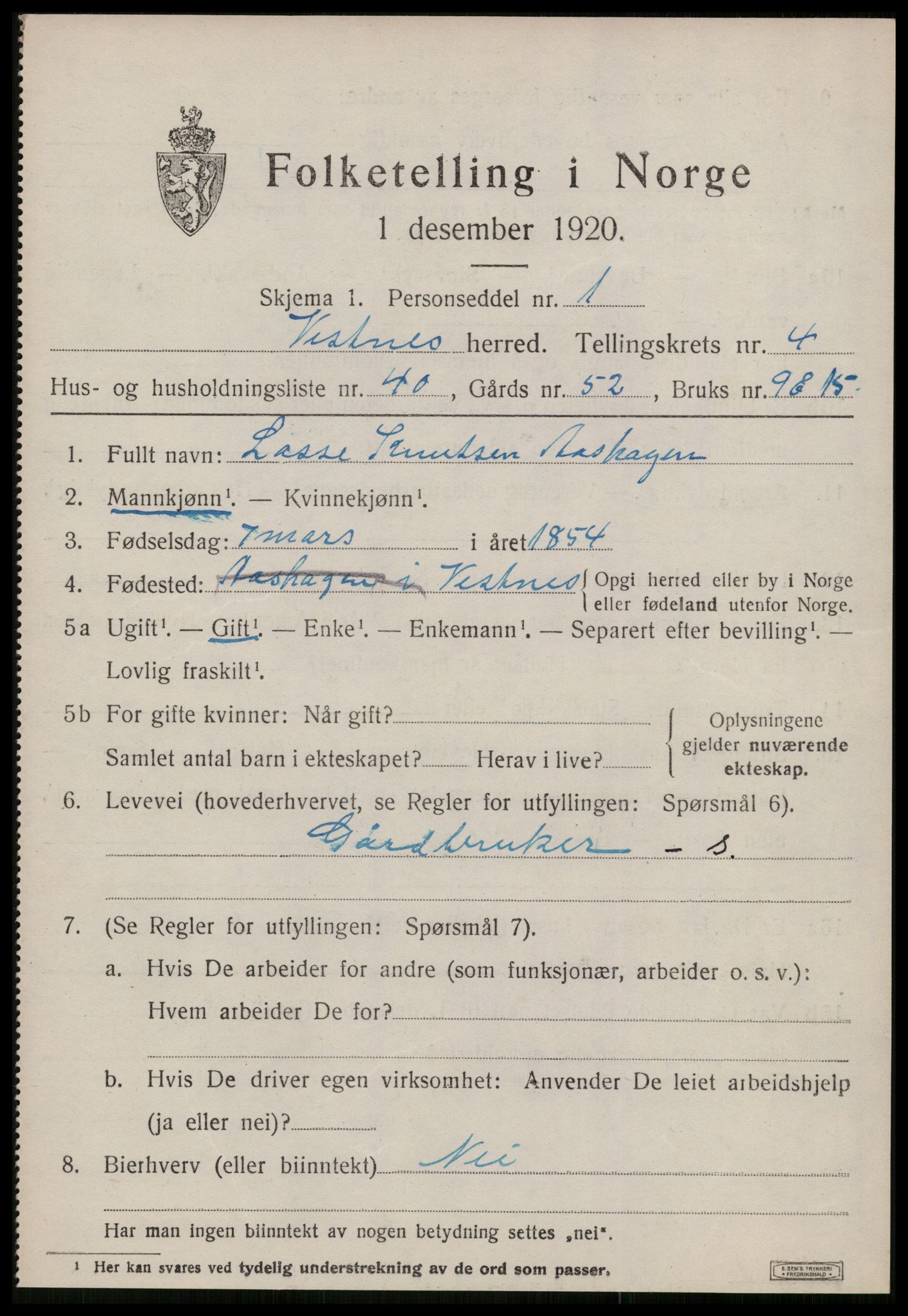 SAT, 1920 census for Vestnes, 1920, p. 3745