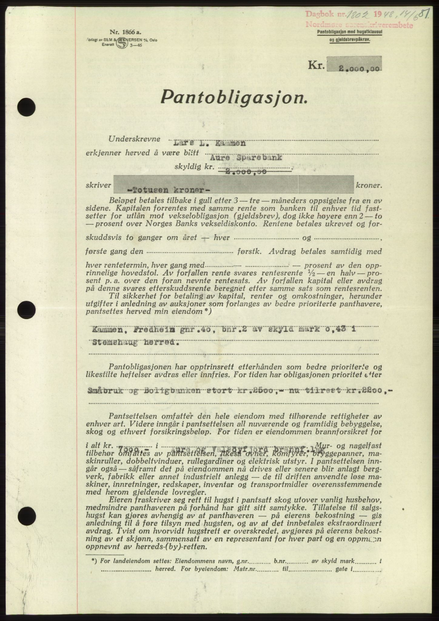 Nordmøre sorenskriveri, AV/SAT-A-4132/1/2/2Ca: Mortgage book no. B99, 1948-1948, Diary no: : 1802/1948