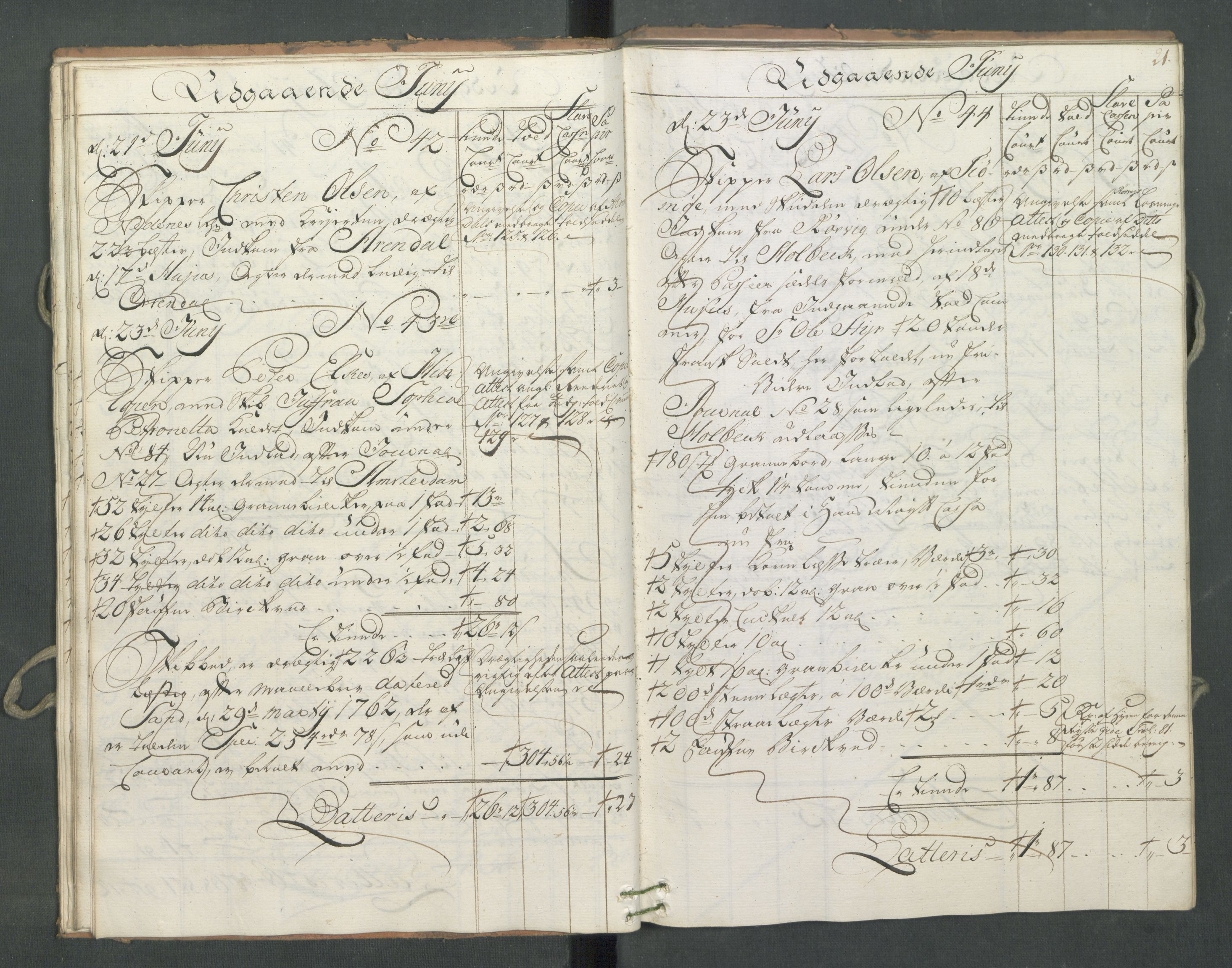 Generaltollkammeret, tollregnskaper, AV/RA-EA-5490/R09/L0034/0001: Tollregnskaper Holmestrand / Utgående hovedtollbok, 1762, p. 20b-21a