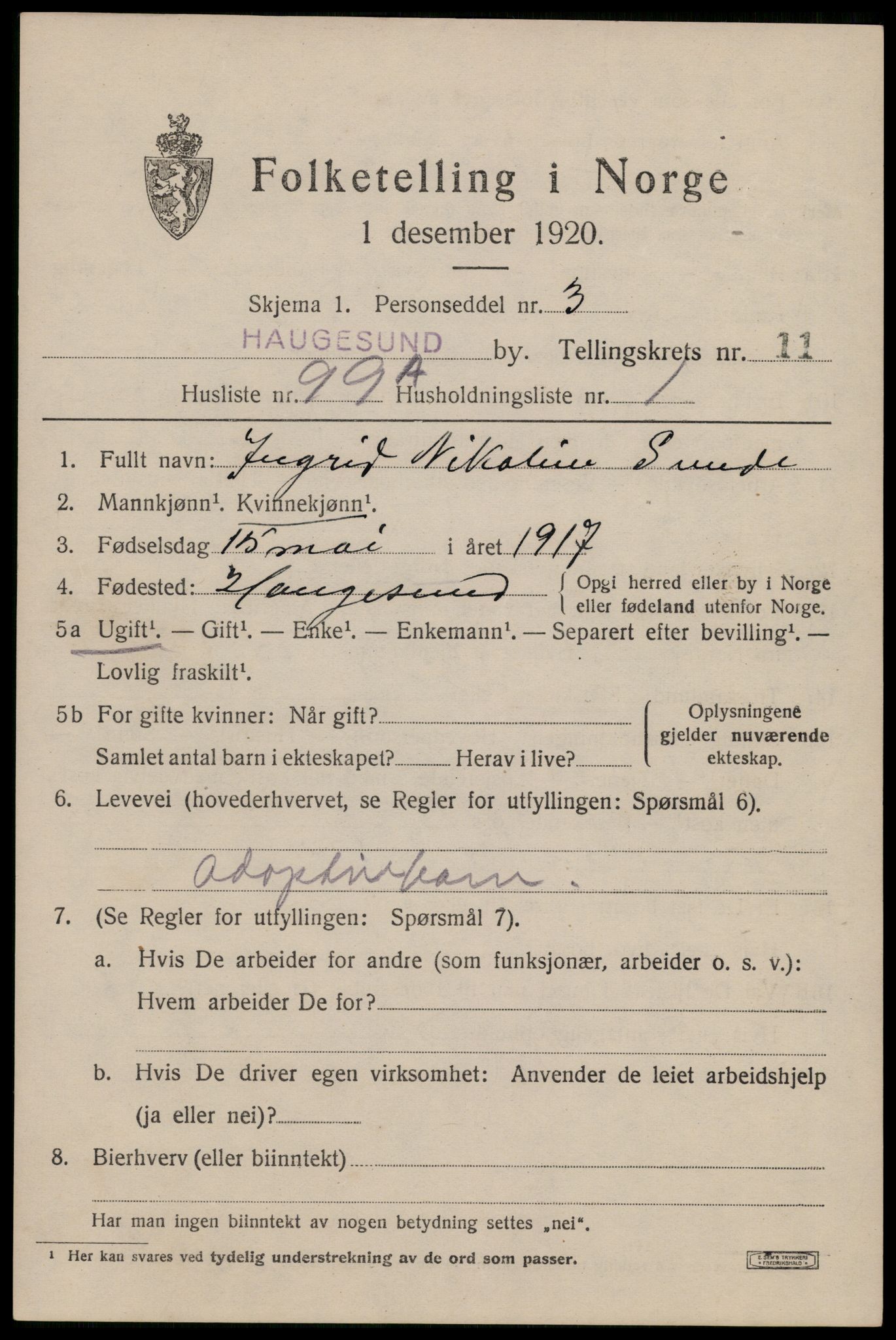 SAST, 1920 census for Haugesund, 1920, p. 37951