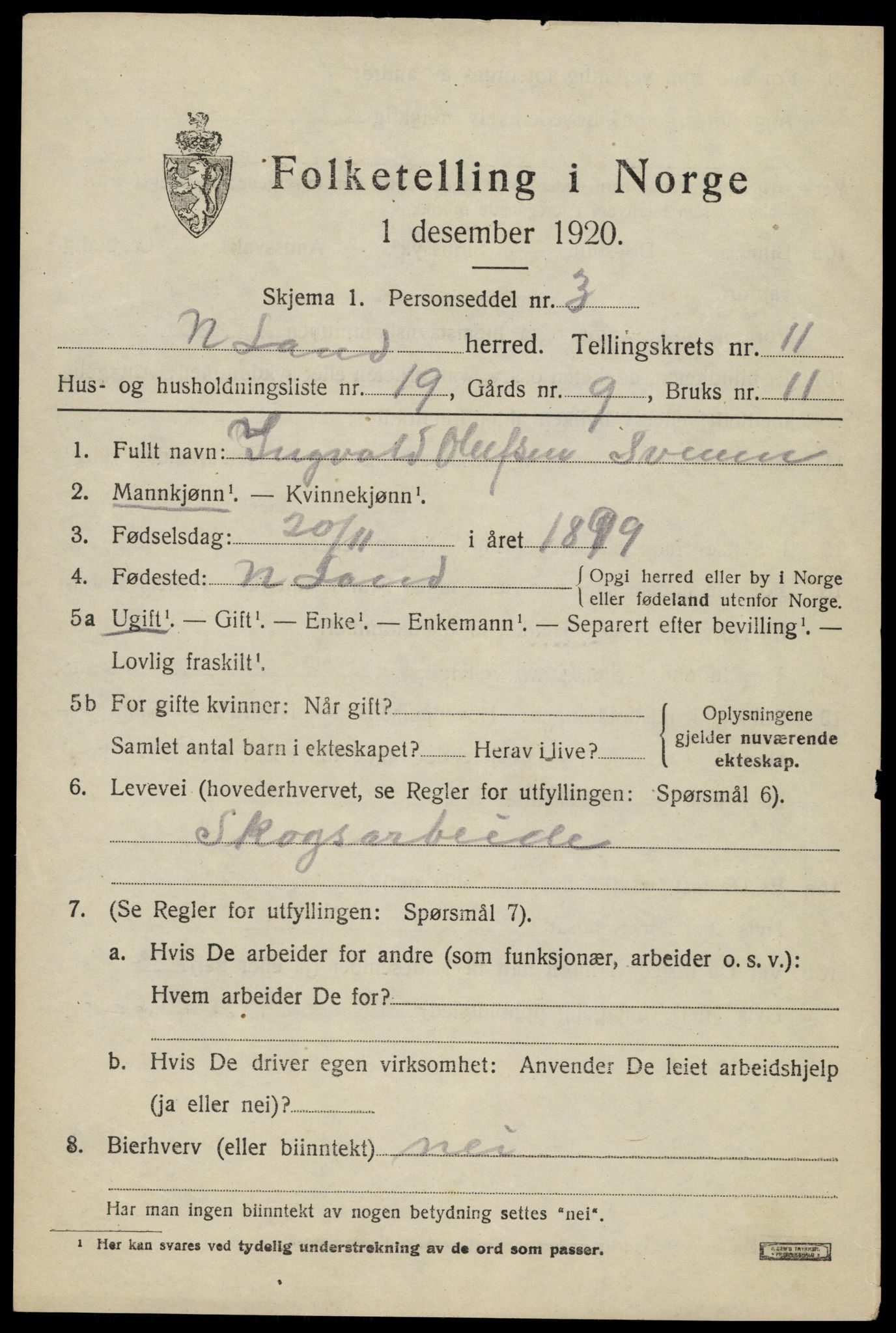 SAH, 1920 census for Nordre Land, 1920, p. 5822