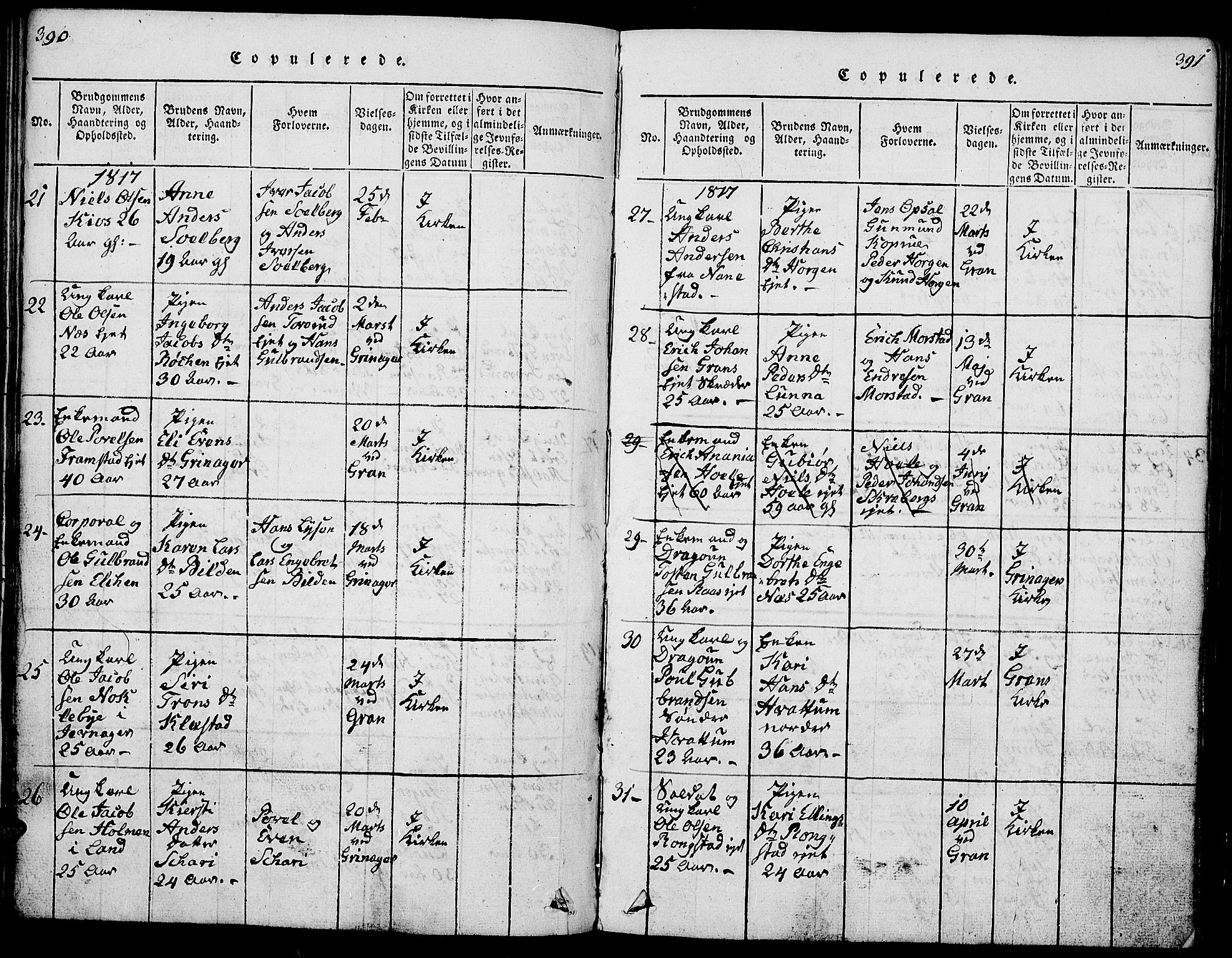 Gran prestekontor, AV/SAH-PREST-112/H/Ha/Hab/L0001: Parish register (copy) no. 1, 1815-1824, p. 390-391