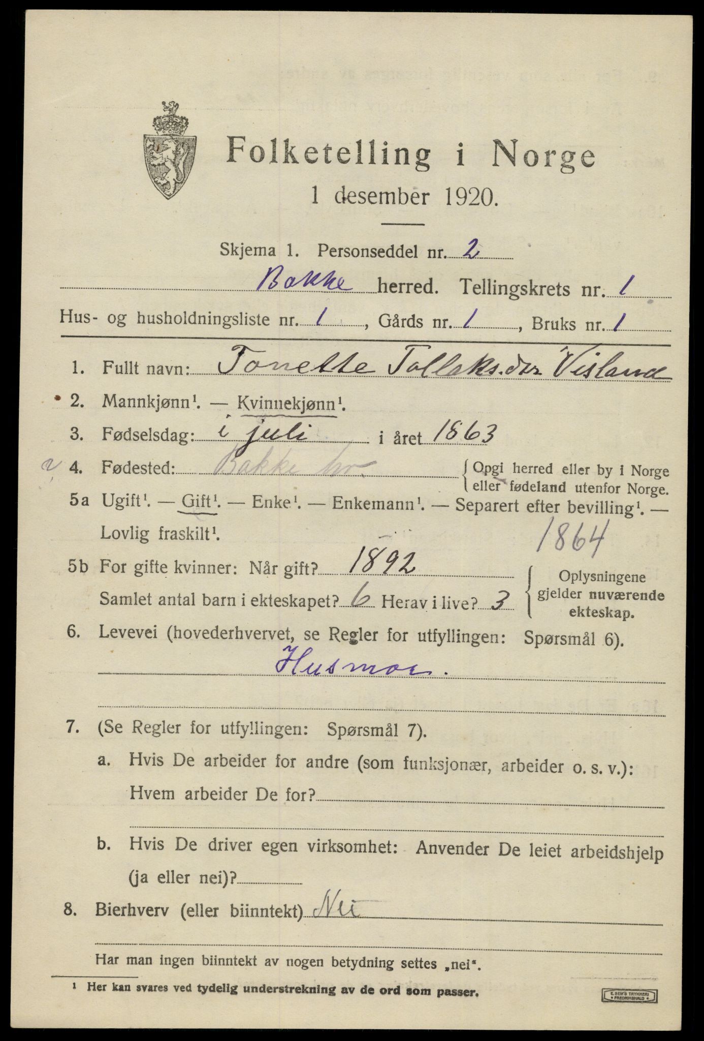 SAK, 1920 census for Bakke, 1920, p. 596