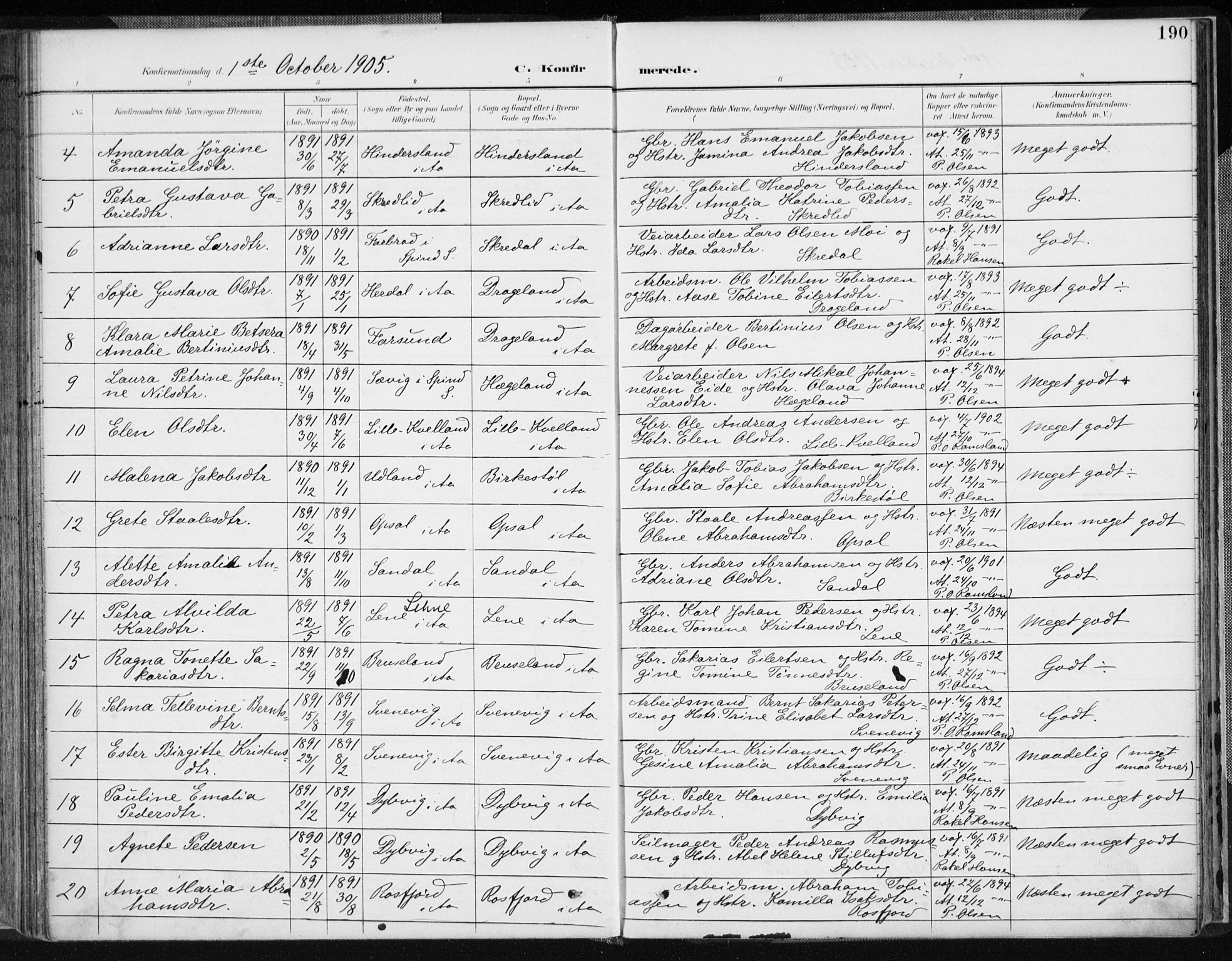 Lyngdal sokneprestkontor, AV/SAK-1111-0029/F/Fa/Fac/L0012: Parish register (official) no. A 12, 1894-1918, p. 190