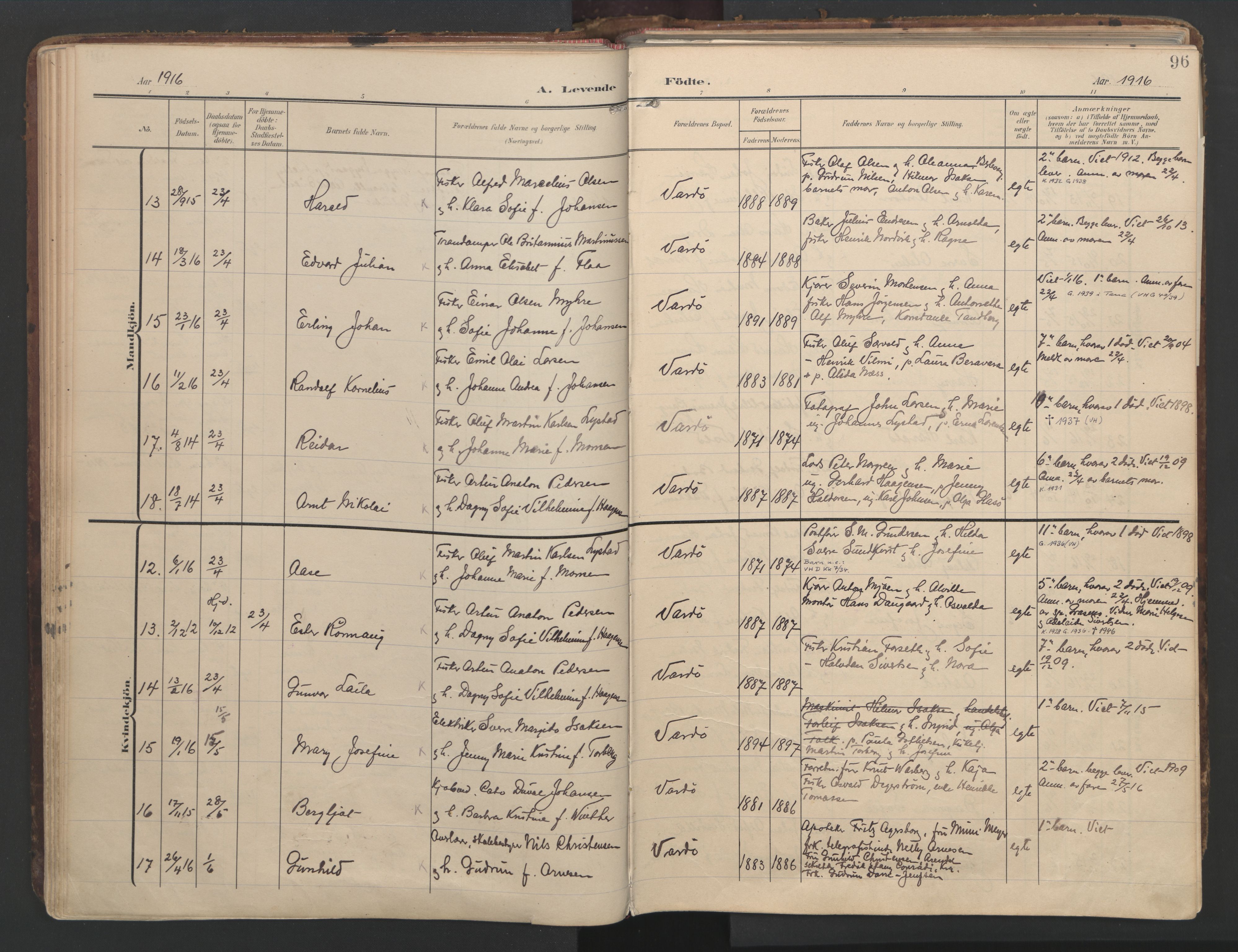 Vardø sokneprestkontor, AV/SATØ-S-1332/H/Ha/L0012kirke: Parish register (official) no. 12, 1907-1921, p. 96