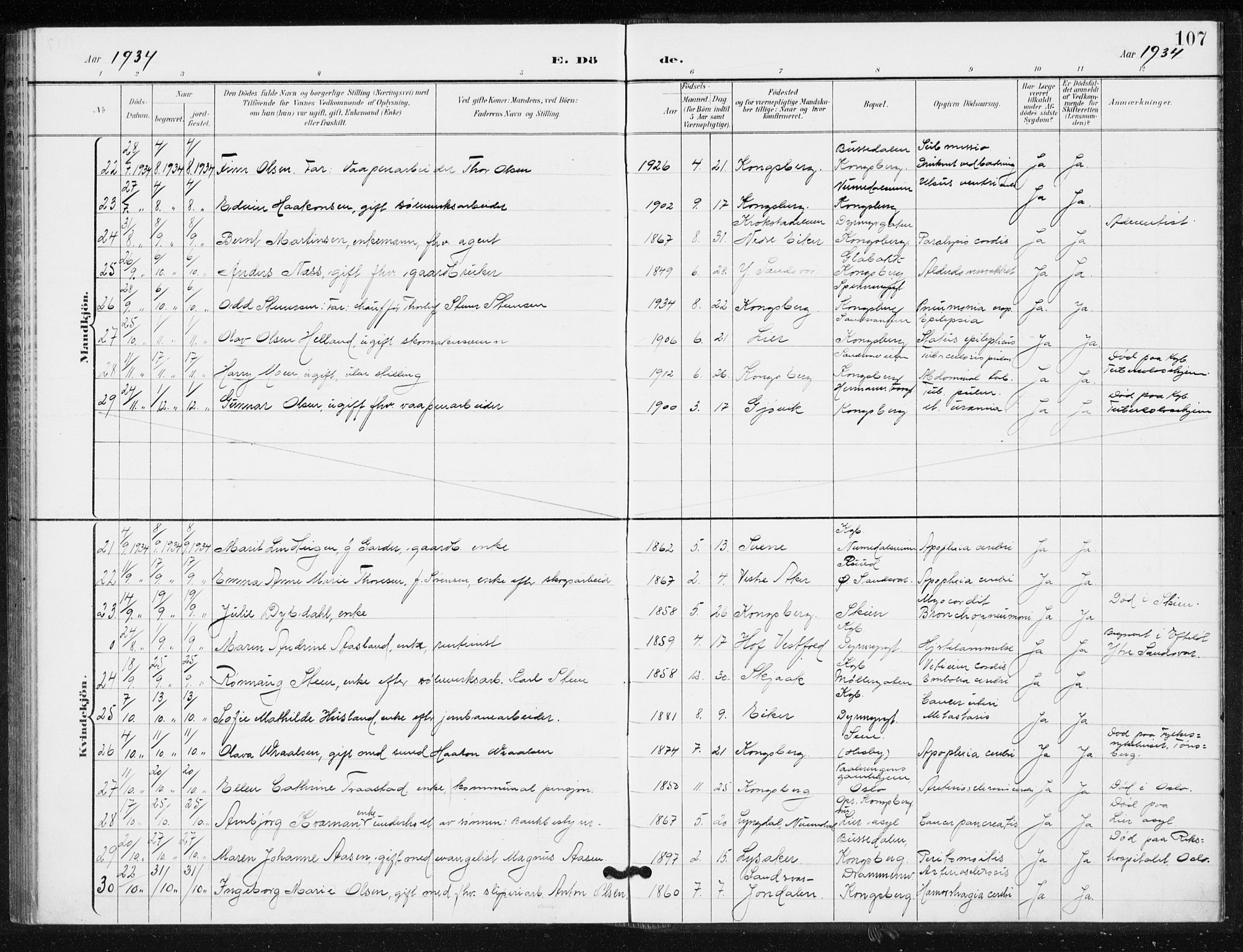 Kongsberg kirkebøker, AV/SAKO-A-22/G/Ga/L0009: Parish register (copy) no. 9, 1932-1938, p. 107