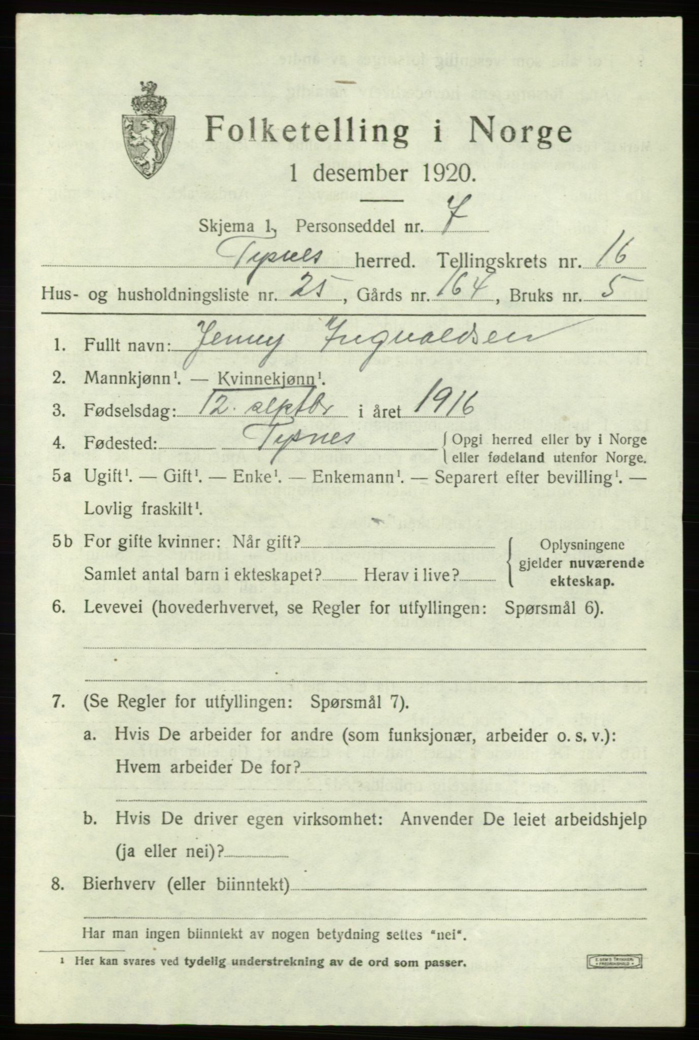 SAB, 1920 census for Tysnes, 1920, p. 10422