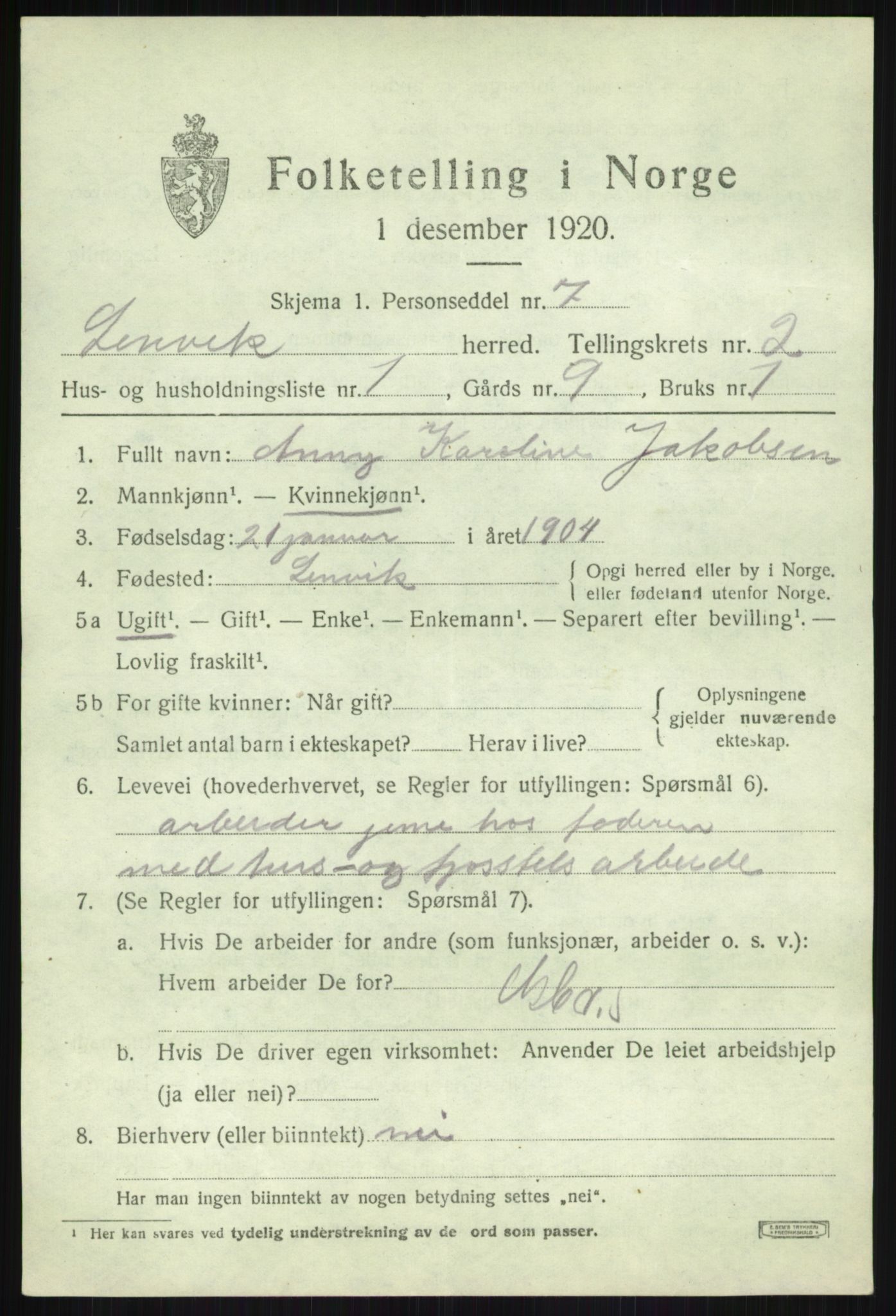 SATØ, 1920 census for Lenvik, 1920, p. 3106