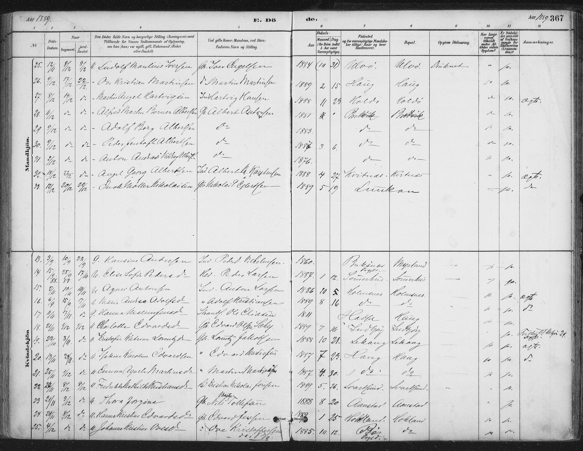 Ministerialprotokoller, klokkerbøker og fødselsregistre - Nordland, AV/SAT-A-1459/888/L1244: Parish register (official) no. 888A10, 1880-1890, p. 367