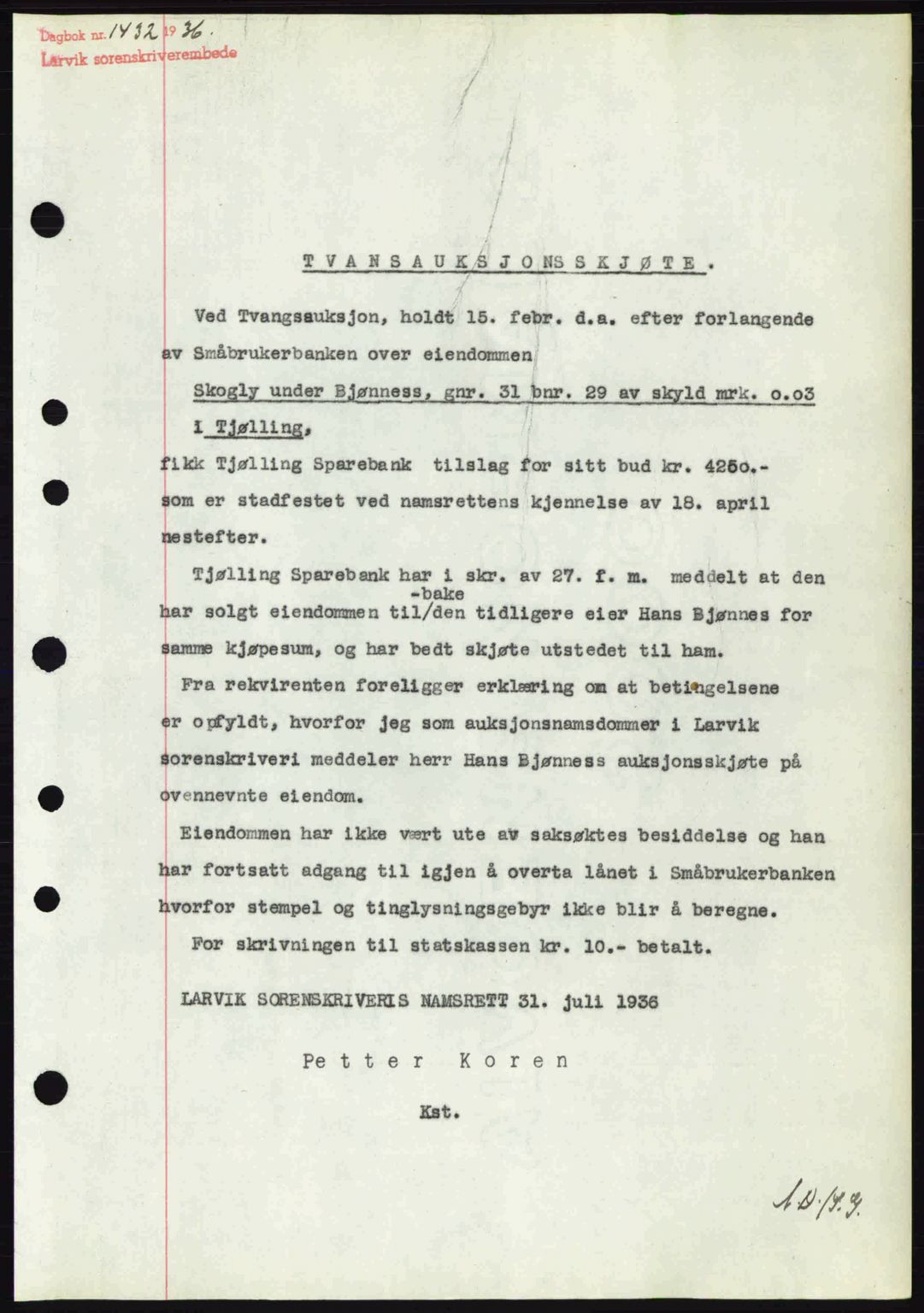 Larvik sorenskriveri, SAKO/A-83/G/Ga/Gab/L0067: Mortgage book no. A-1, 1936-1937, Diary no: : 1432/1936