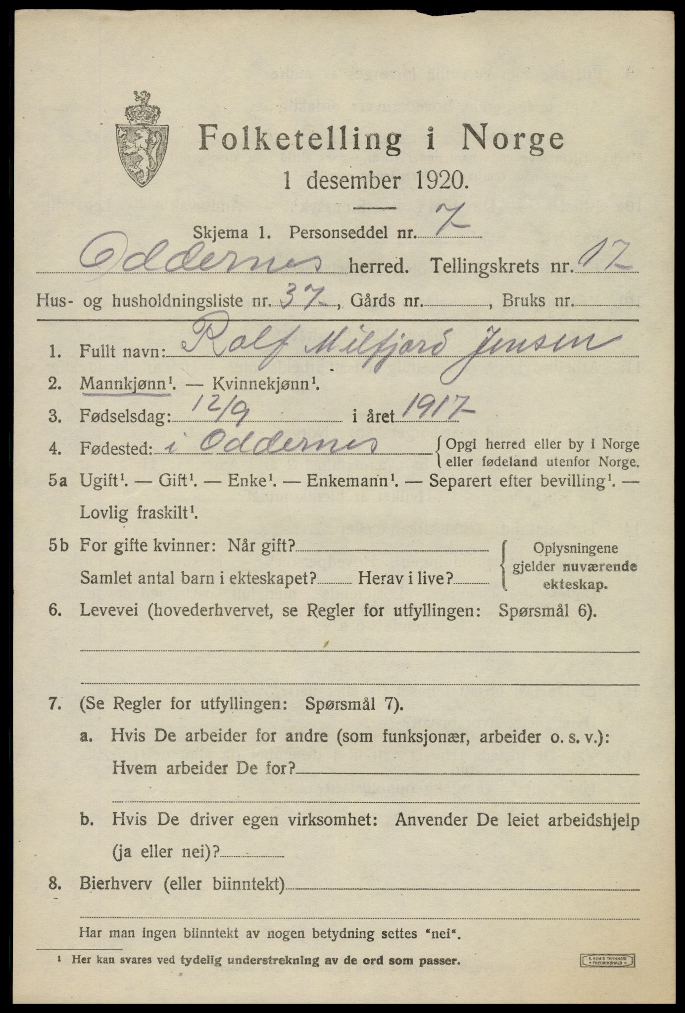 SAK, 1920 census for Oddernes, 1920, p. 13113