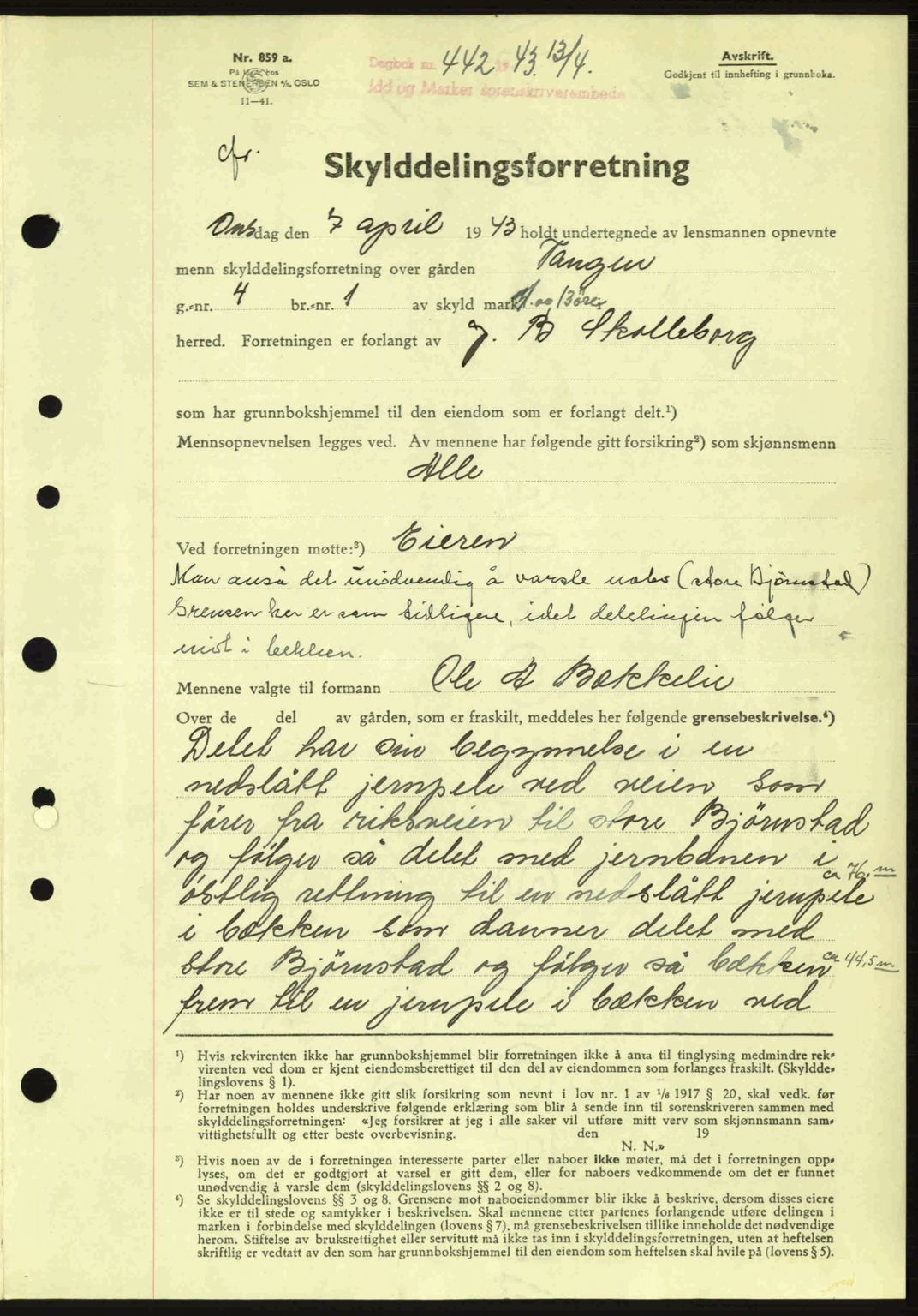 Idd og Marker sorenskriveri, AV/SAO-A-10283/G/Gb/Gbb/L0006: Mortgage book no. A6, 1943-1944, Diary no: : 442/1943
