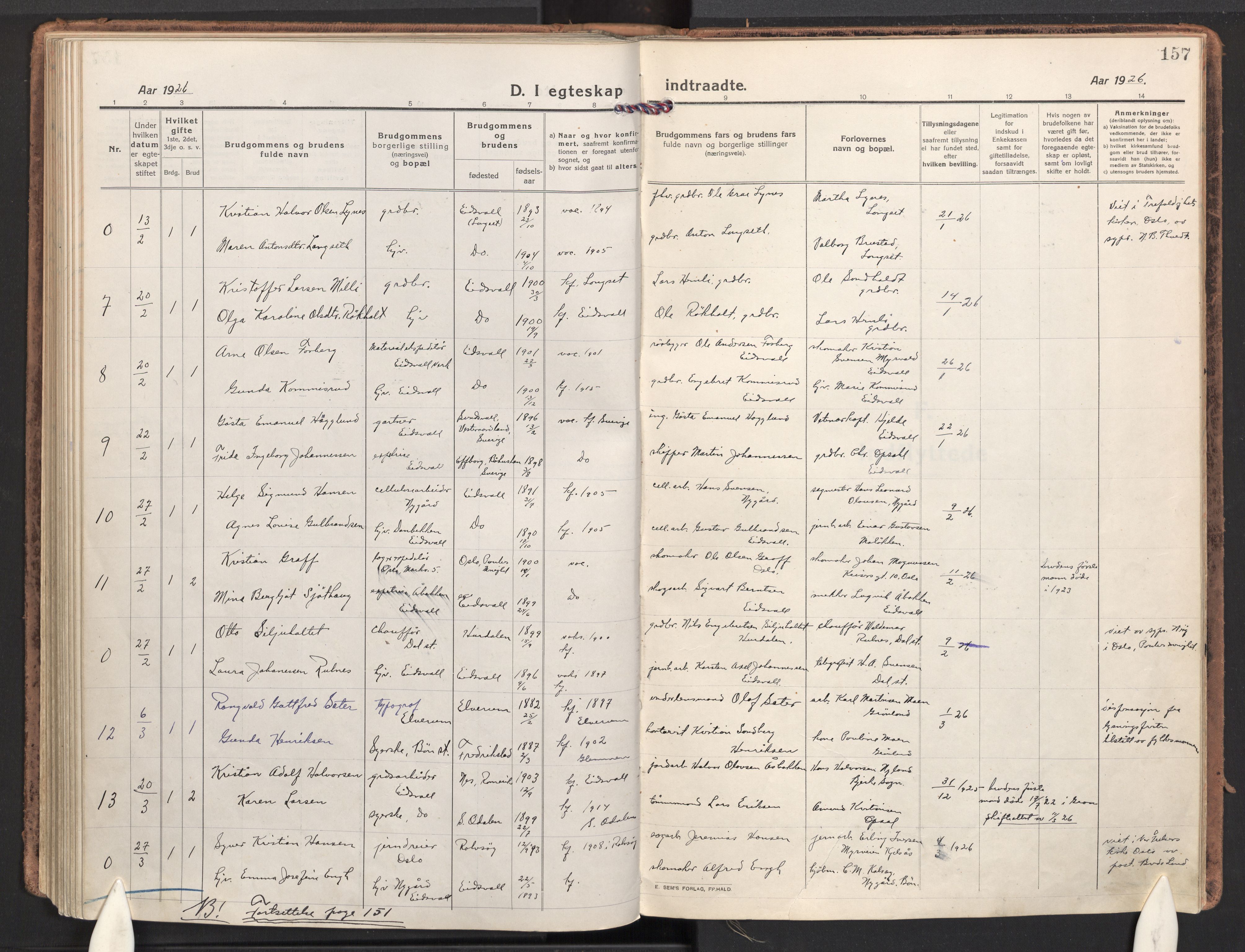 Eidsvoll prestekontor Kirkebøker, SAO/A-10888/F/Fa: Parish register (official) no. I 9, 1918-1935, p. 157