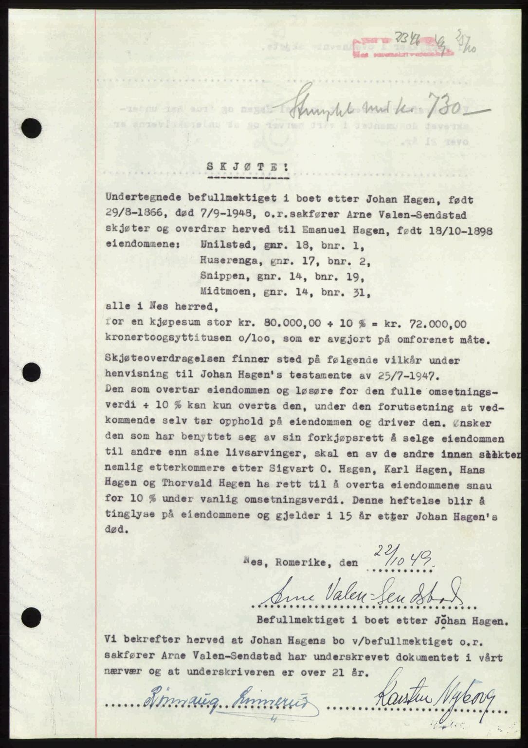 Nes tingrett, AV/SAO-A-10548/G/Gb/Gbb/L0031: Mortgage book no. 75, 1949-1949, Diary no: : 2346/1949