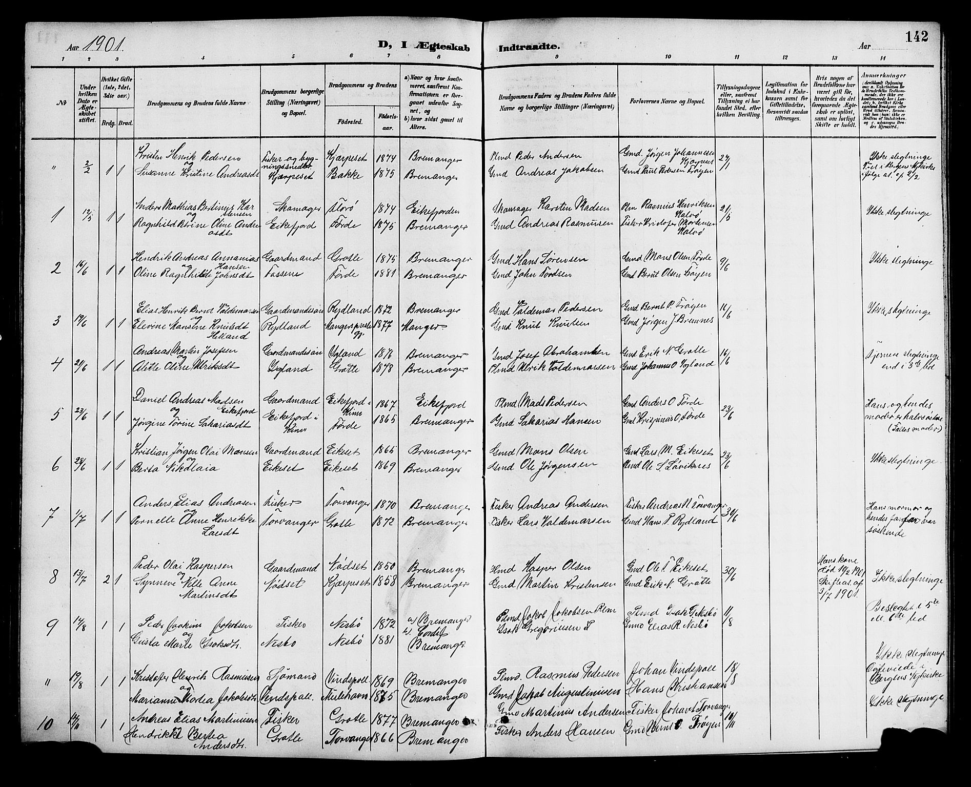 Bremanger sokneprestembete, SAB/A-82201/H/Hab/Haba/L0003: Parish register (copy) no. A 3, 1890-1908, p. 142