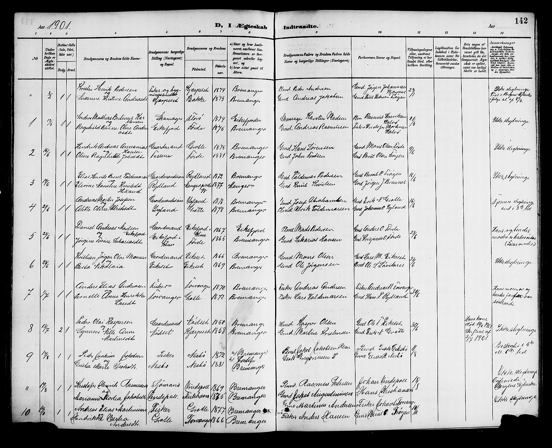 Bremanger sokneprestembete, AV/SAB-A-82201/H/Hab/Haba/L0003: Parish register (copy) no. A 3, 1890-1908, p. 142