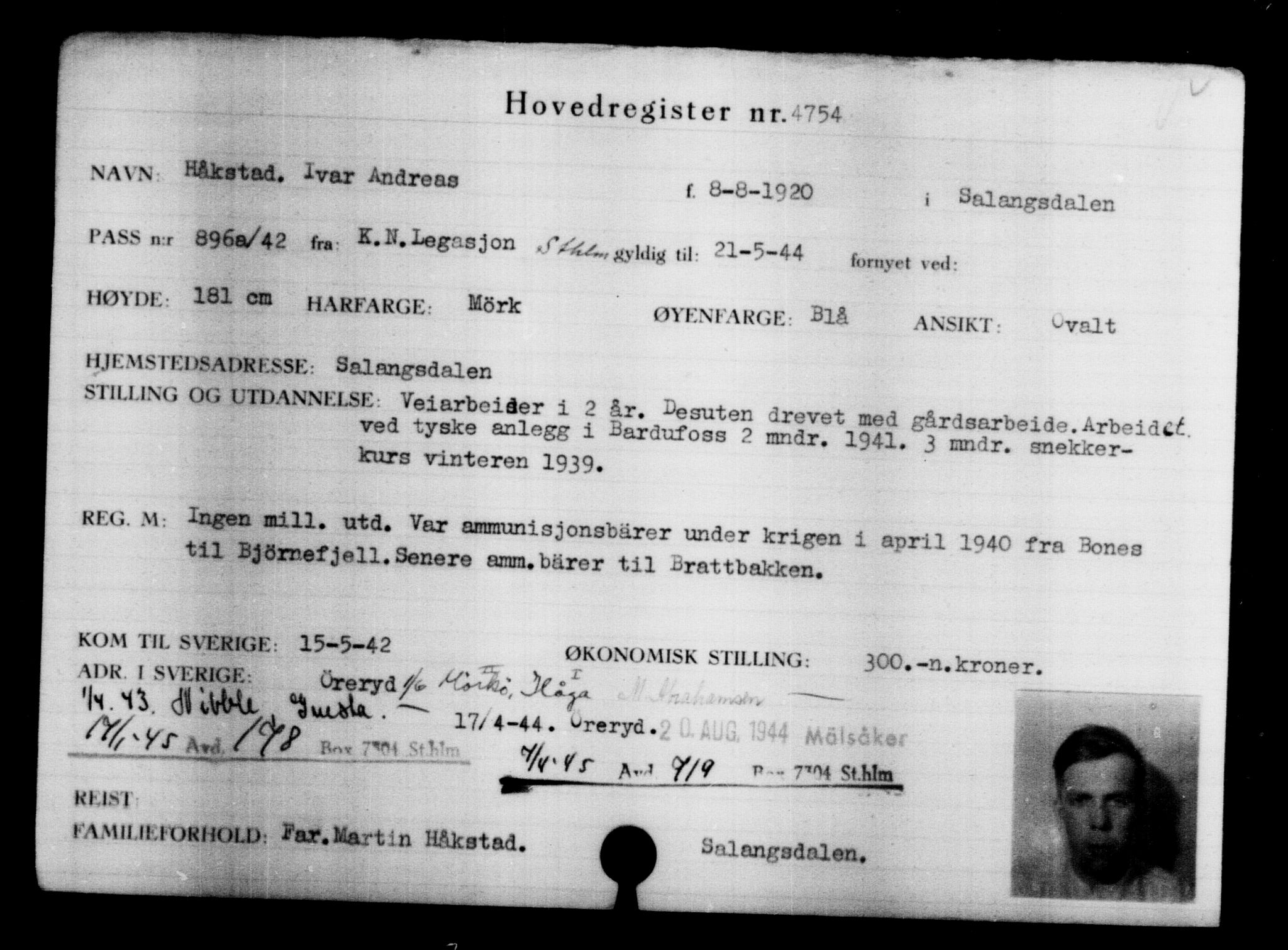 Utenriksstasjonene, Legasjonen i Stockholm, Flyktningkontoret, AV/RA-S-6753/V/Va/L0004: Kjesäterkartoteket, flyktninger med registreringsnr. 3496-6610, 1940-1945, p. 1486