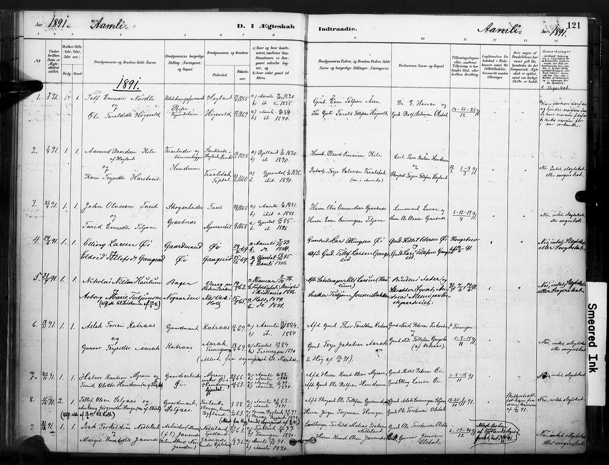 Åmli sokneprestkontor, AV/SAK-1111-0050/F/Fa/Fac/L0010: Parish register (official) no. A 10 /1, 1885-1899, p. 121