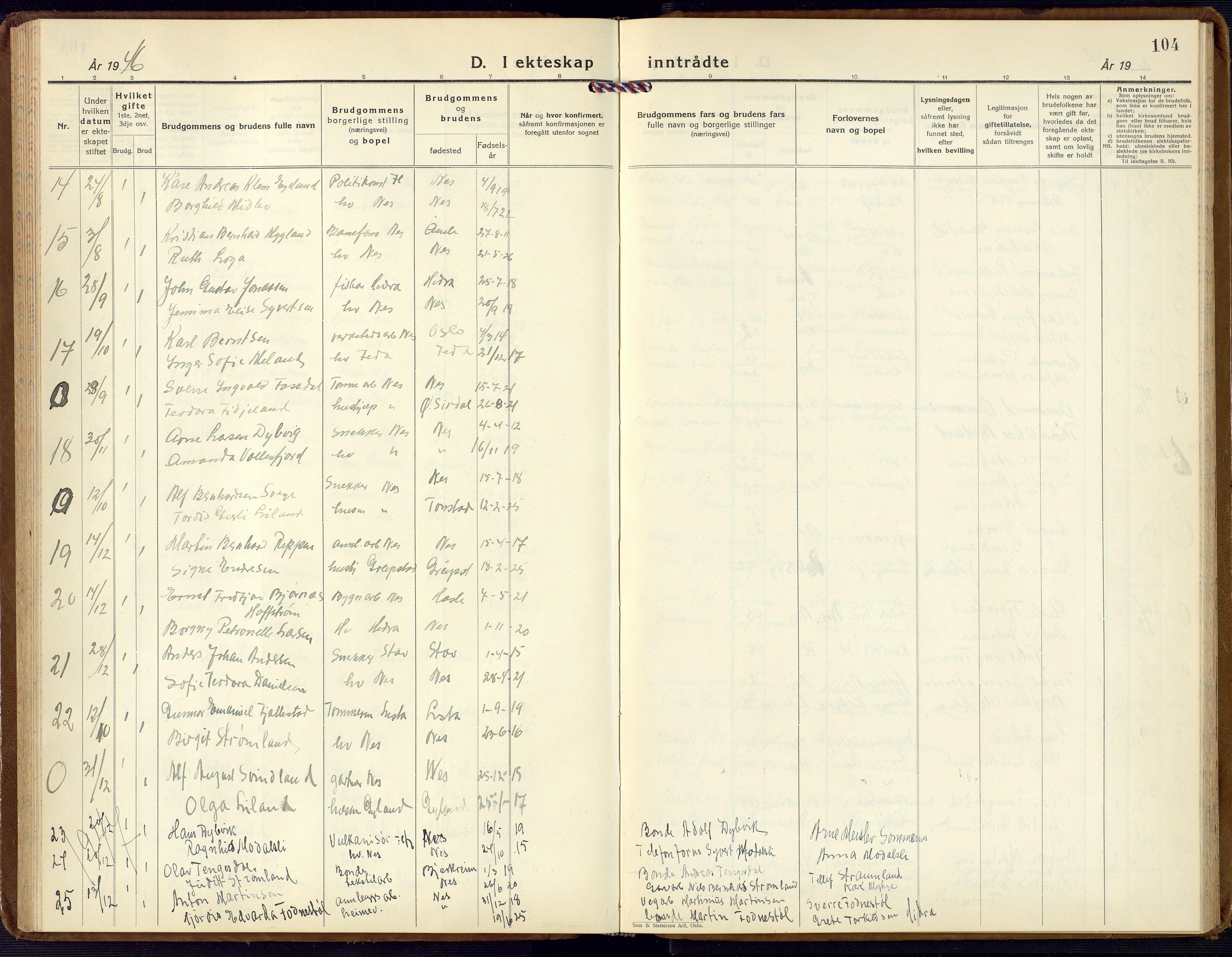 Flekkefjord sokneprestkontor, AV/SAK-1111-0012/F/Fb/Fba/L0003: Parish register (copy) no. B 3, 1932-1969, p. 104