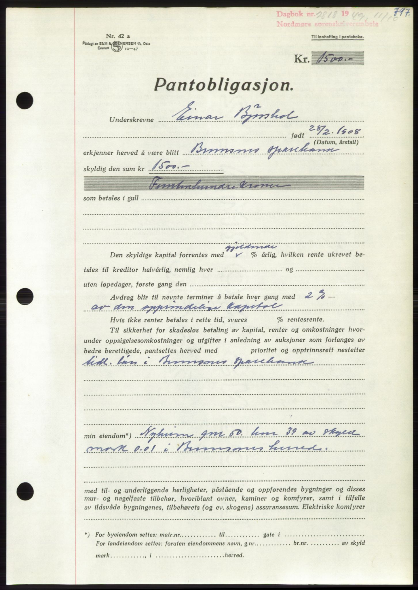 Nordmøre sorenskriveri, AV/SAT-A-4132/1/2/2Ca: Mortgage book no. B102, 1949-1949, Diary no: : 2818/1949