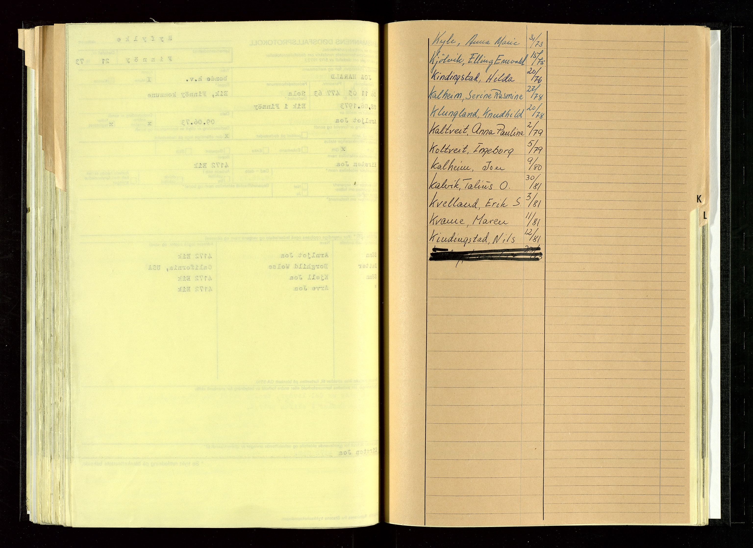 Finnøy lensmannskontor, SAST/A-100442/Gga/L0004: Dødsfallsprotokoll - A-L, 1973-1982