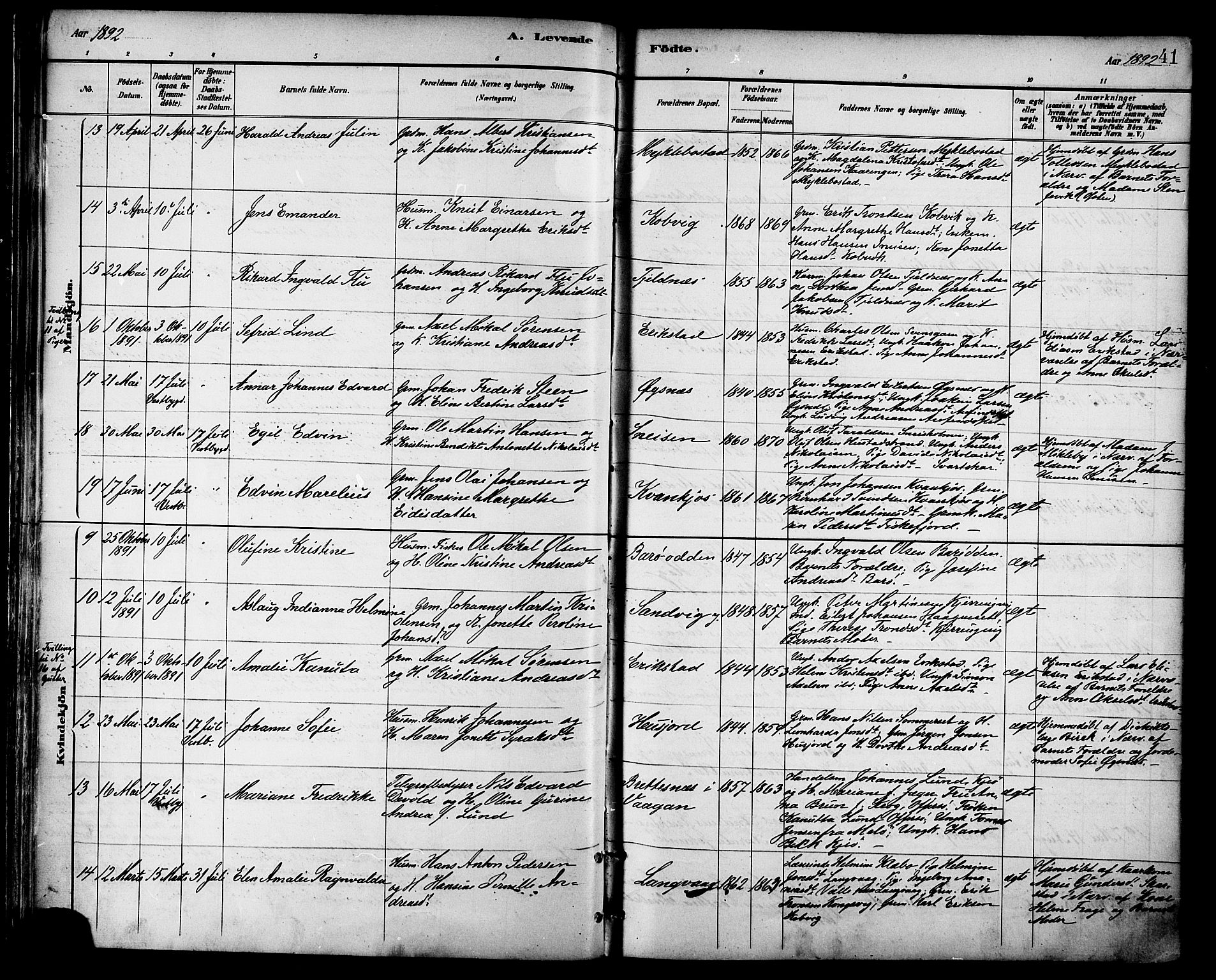 Ministerialprotokoller, klokkerbøker og fødselsregistre - Nordland, AV/SAT-A-1459/872/L1035: Parish register (official) no. 872A10, 1884-1896, p. 41