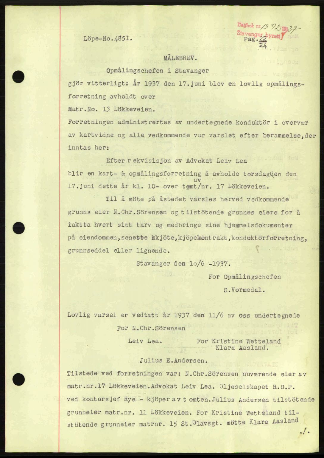 Stavanger byrett, SAST/A-100455/002/G/Gb/L0012: Mortgage book no. A2, 1936-1937, Diary no: : 1592/1937