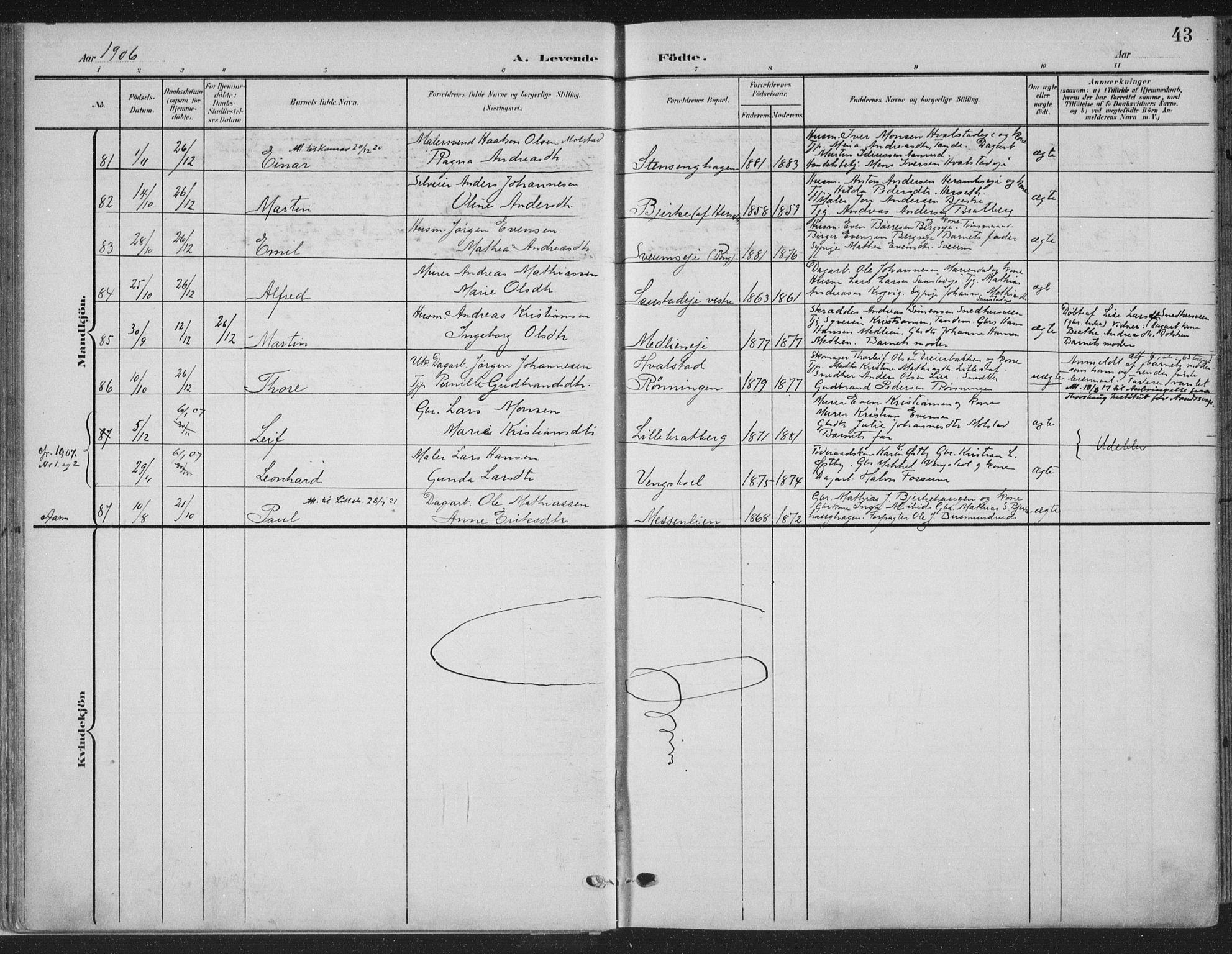 Ringsaker prestekontor, SAH/PREST-014/K/Ka/L0018: Parish register (official) no. 18, 1903-1912, p. 43