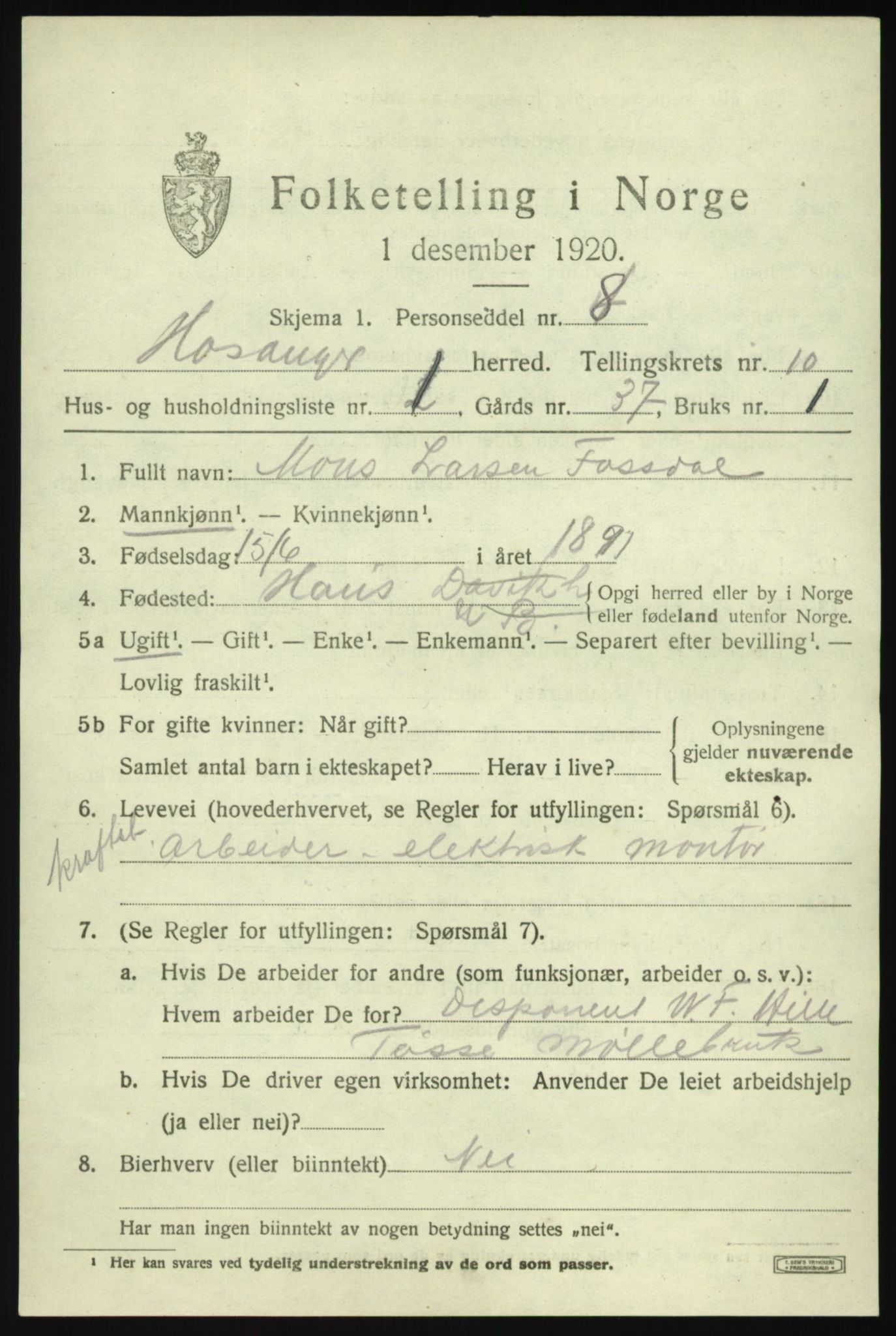 SAB, 1920 census for Hosanger, 1920, p. 4205