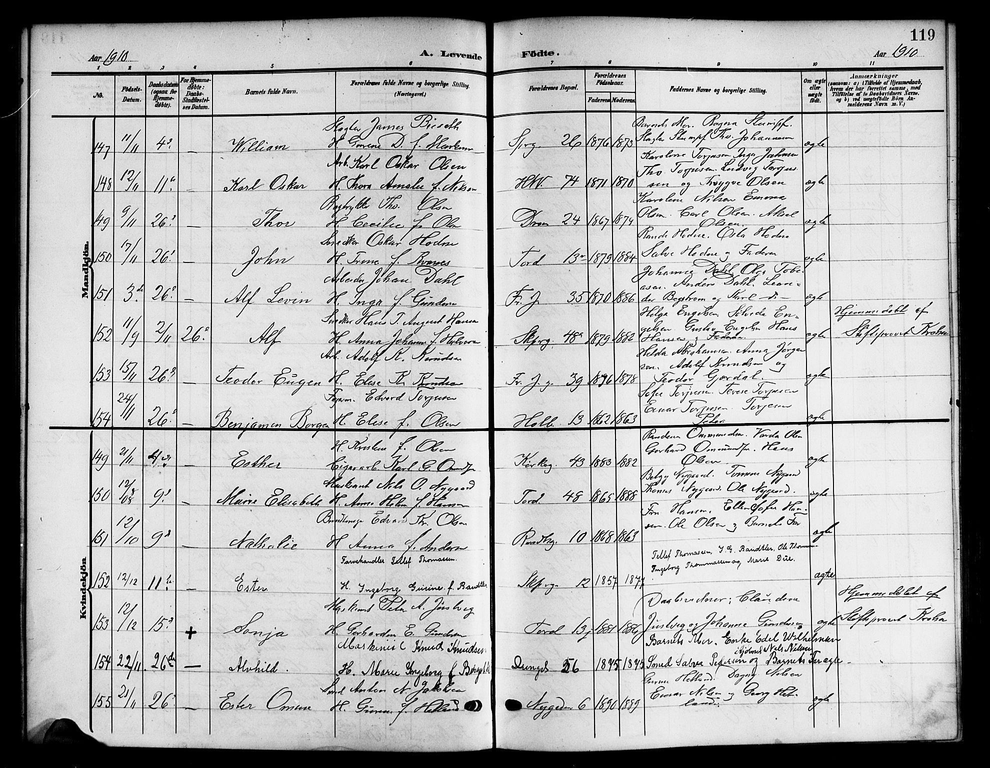 Kristiansand domprosti, SAK/1112-0006/F/Fb/L0019: Parish register (copy) no. B 19, 1905-1914, p. 119