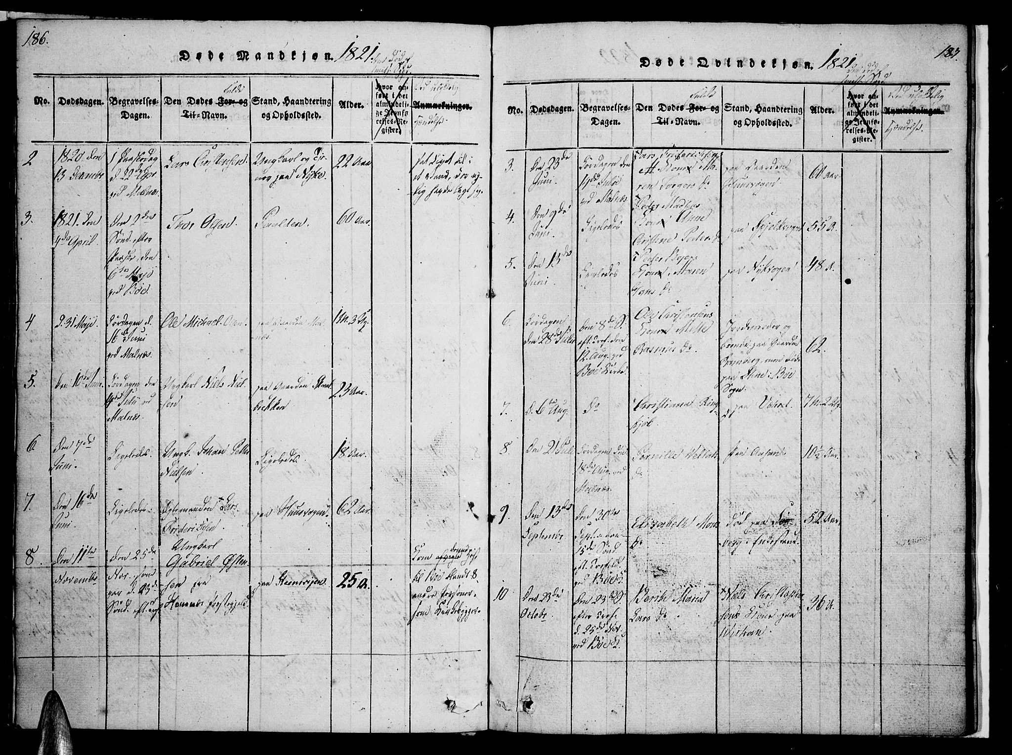 Ministerialprotokoller, klokkerbøker og fødselsregistre - Nordland, SAT/A-1459/891/L1298: Parish register (official) no. 891A03, 1820-1840, p. 186-187