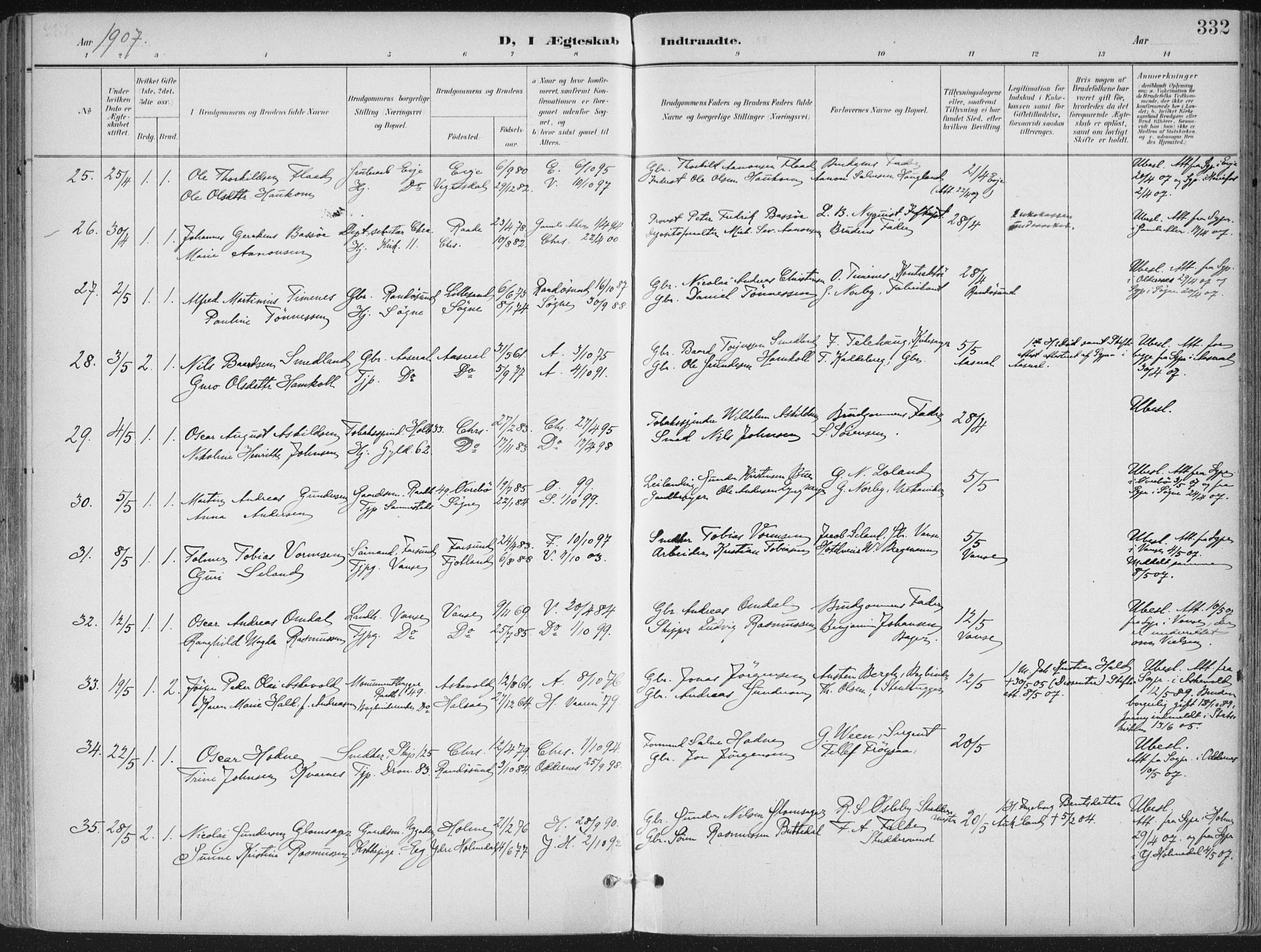 Kristiansand domprosti, AV/SAK-1112-0006/F/Fa/L0021: Parish register (official) no. A 20, 1898-1908, p. 332