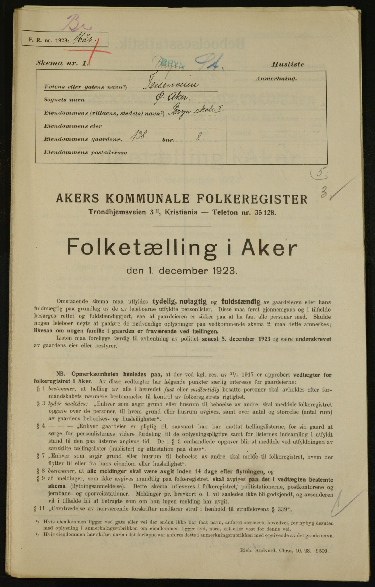 , Municipal Census 1923 for Aker, 1923, p. 32744