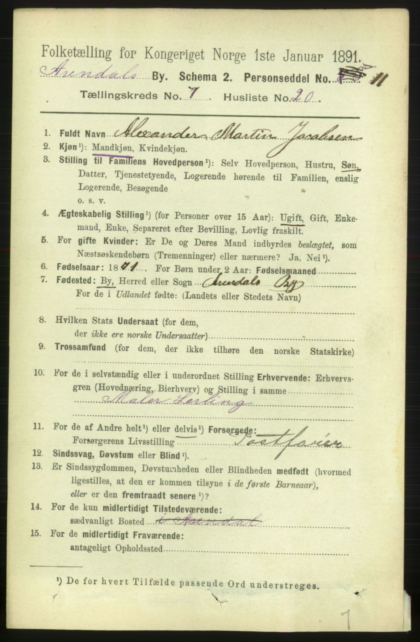 RA, 1891 census for 0903 Arendal, 1891, p. 2843