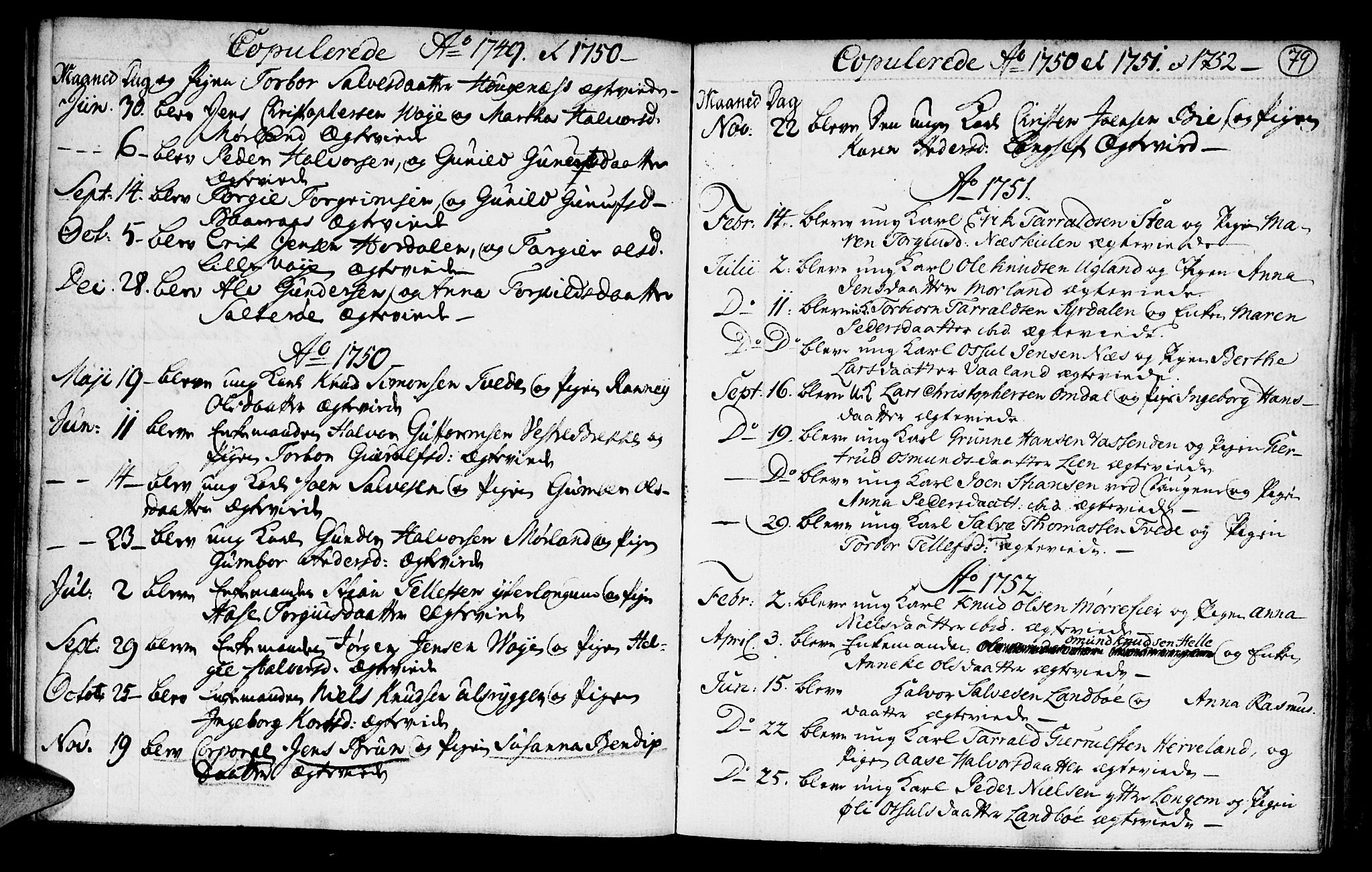Austre Moland sokneprestkontor, SAK/1111-0001/F/Fa/Faa/L0001: Parish register (official) no. A 1, 1747-1764, p. 79
