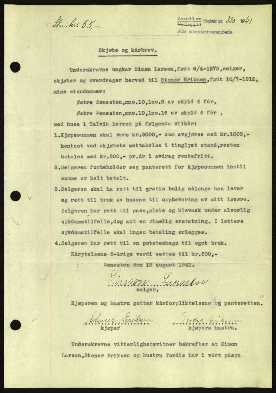 Alta fogderi/sorenskriveri, SATØ/SATØ-5/1/K/Kd/L0033pantebok: Mortgage book no. 33, 1940-1943, Diary no: : 330/1941