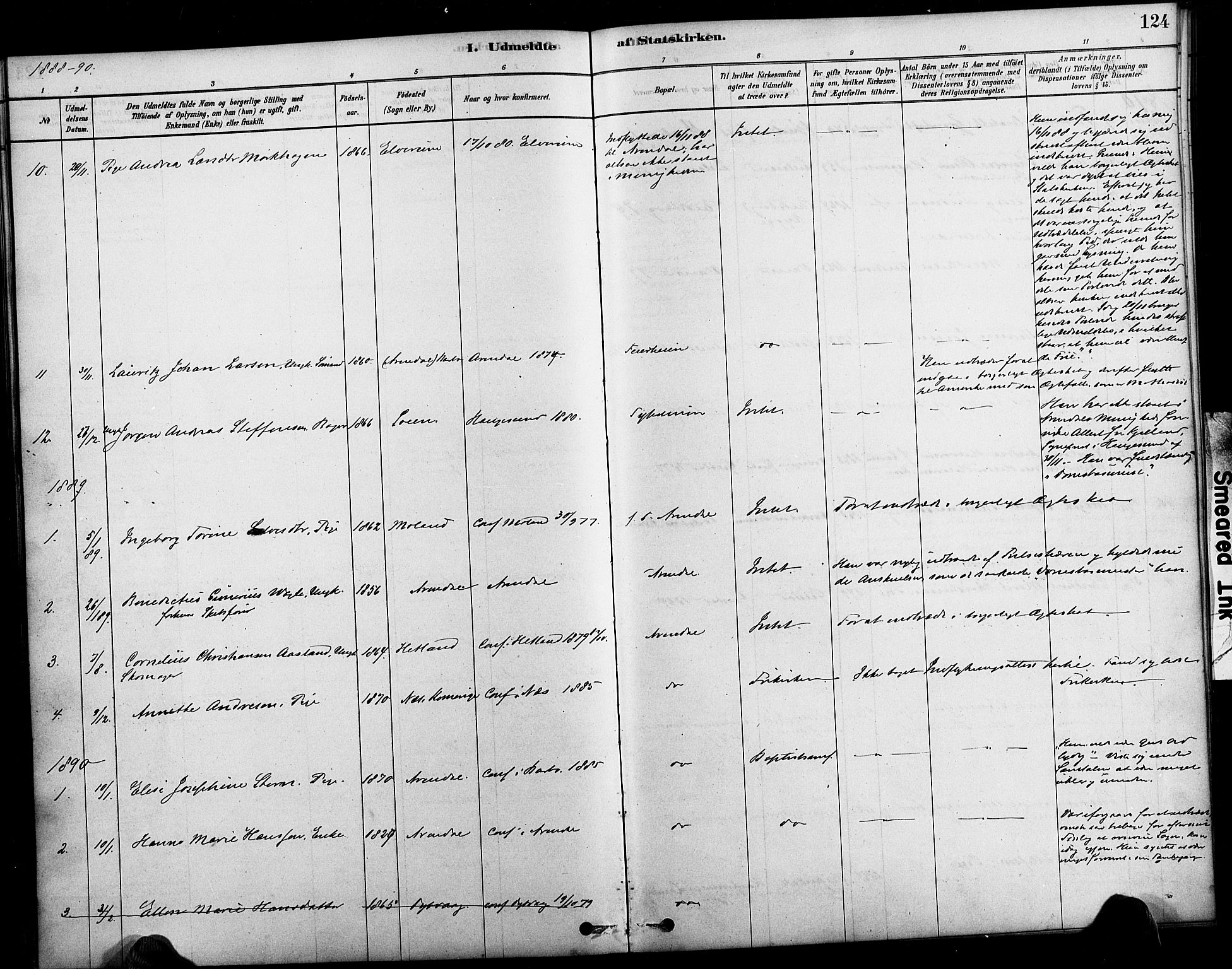 Arendal sokneprestkontor, Trefoldighet, SAK/1111-0040/F/Fa/L0009: Parish register (official) no. A 9, 1878-1919, p. 124