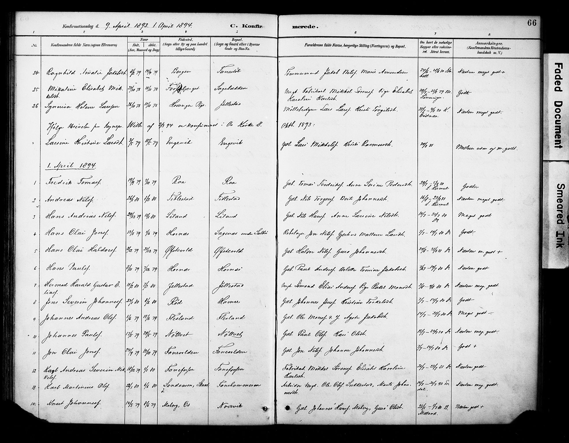 Fana Sokneprestembete, AV/SAB-A-75101/H/Haa/Haab/L0002: Parish register (official) no. B 2, 1890-1897, p. 66