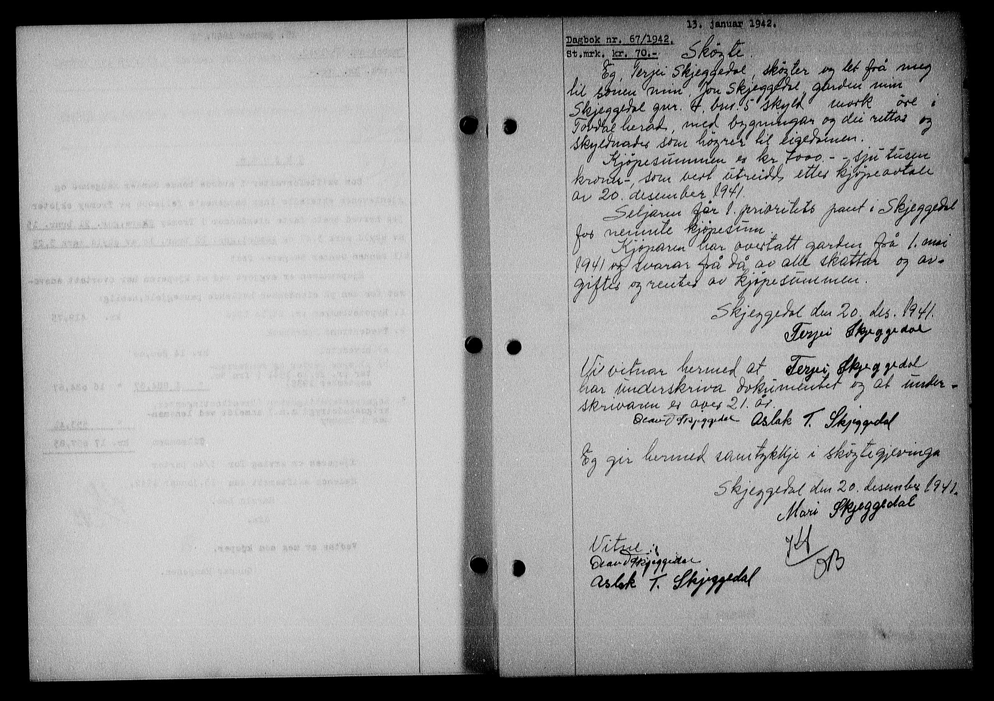 Nedenes sorenskriveri, SAK/1221-0006/G/Gb/Gba/L0049: Mortgage book no. A-III, 1941-1942, Diary no: : 67/1942