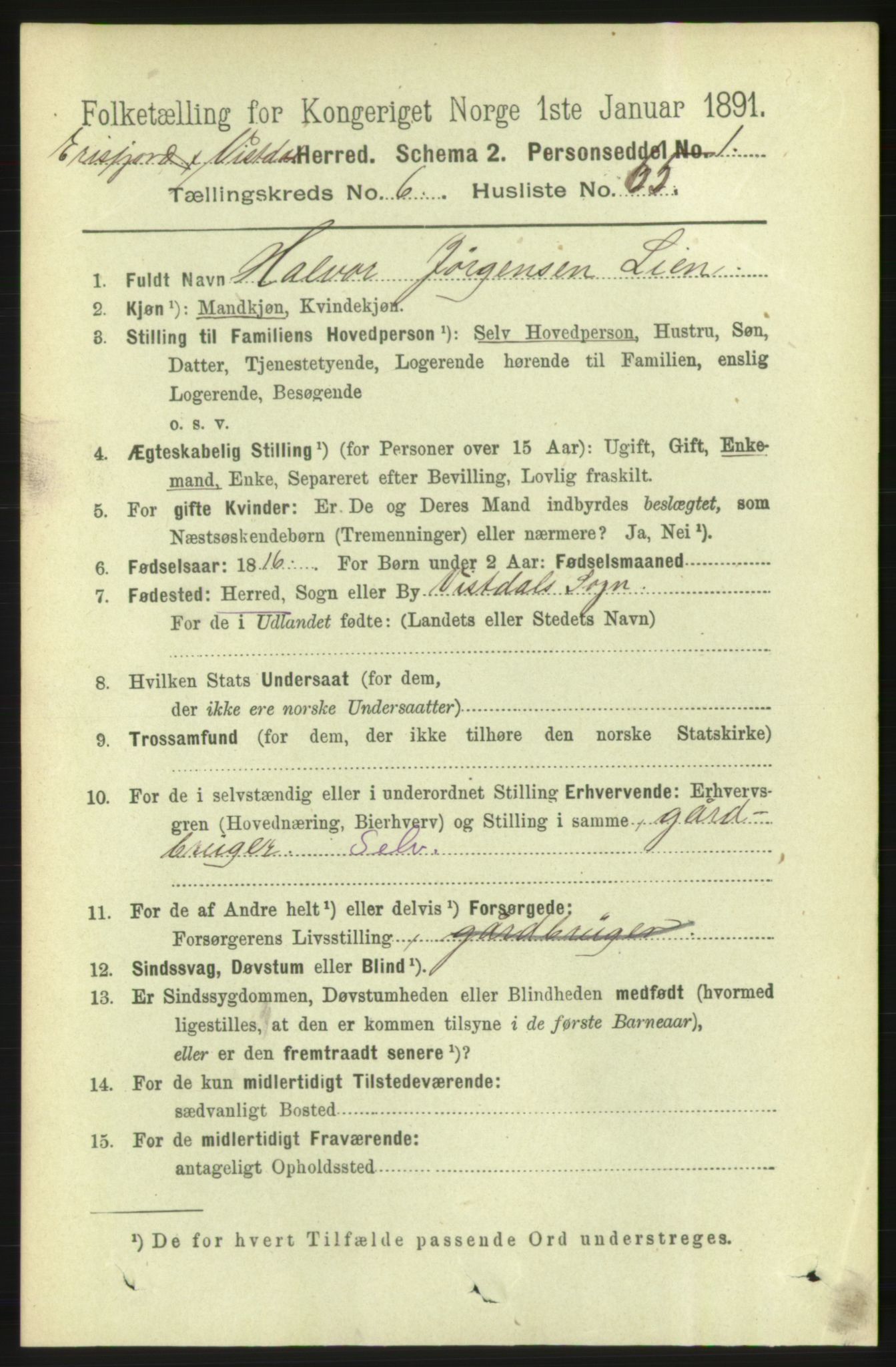 RA, 1891 census for 1542 Eresfjord og Vistdal, 1891, p. 1908