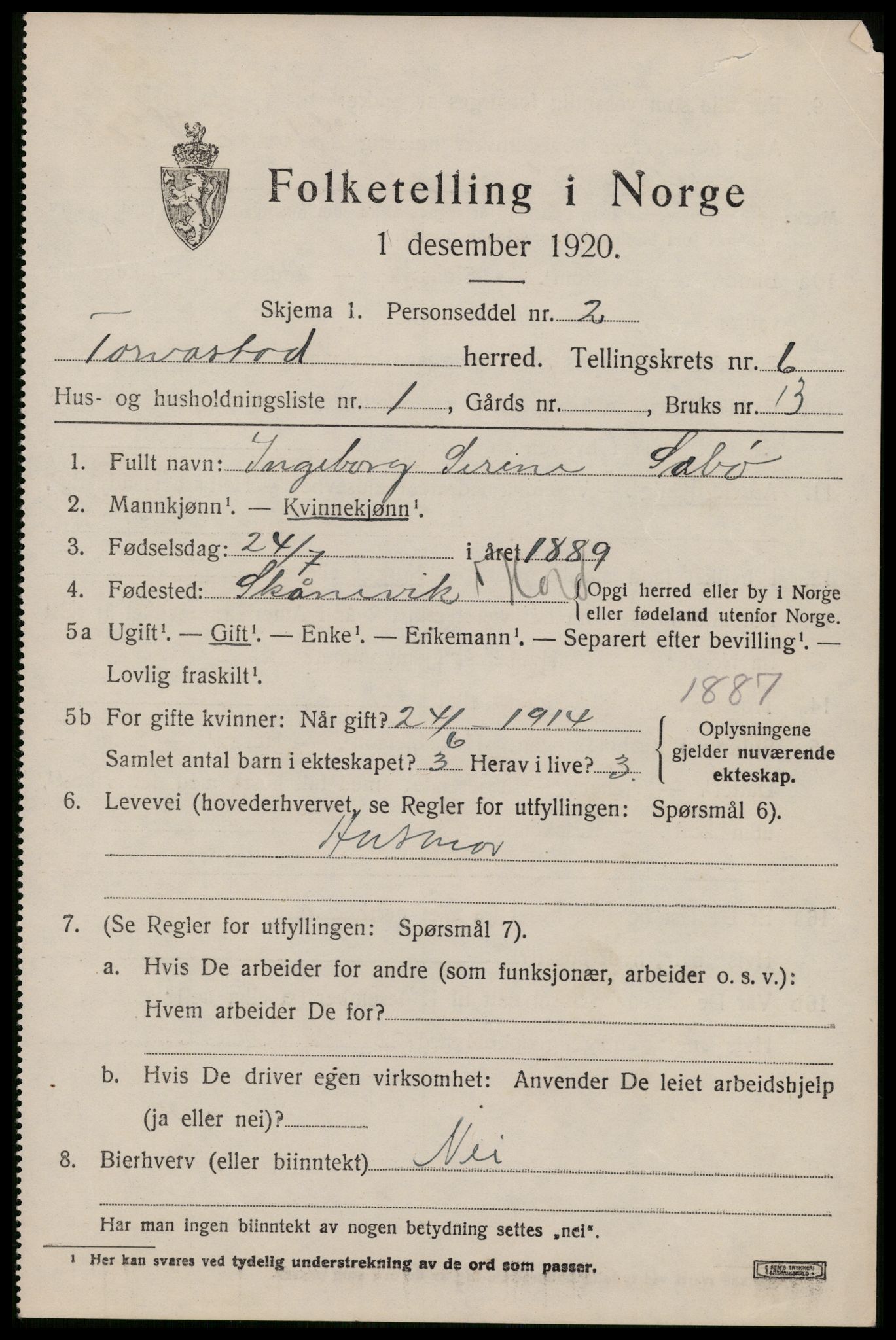 SAST, 1920 census for Torvastad, 1920, p. 4906