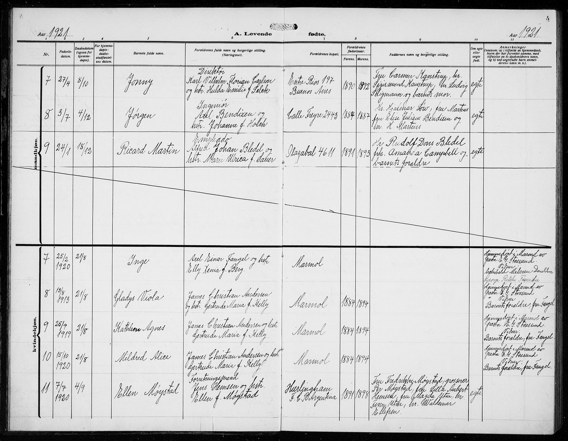 Den norske sjømannsmisjon i utlandet/Syd-Amerika (Buenos Aires m.fl.), SAB/SAB/PA-0118/H/Ha/L0003: Parish register (official) no. A 3, 1920-1938, p. 4