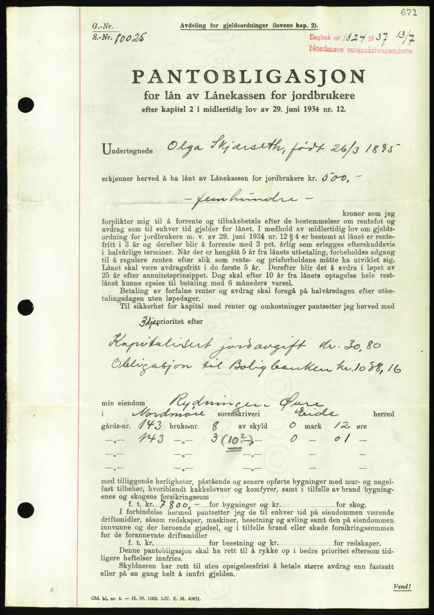 Nordmøre sorenskriveri, AV/SAT-A-4132/1/2/2Ca/L0091: Mortgage book no. B81, 1937-1937, Diary no: : 1824/1937