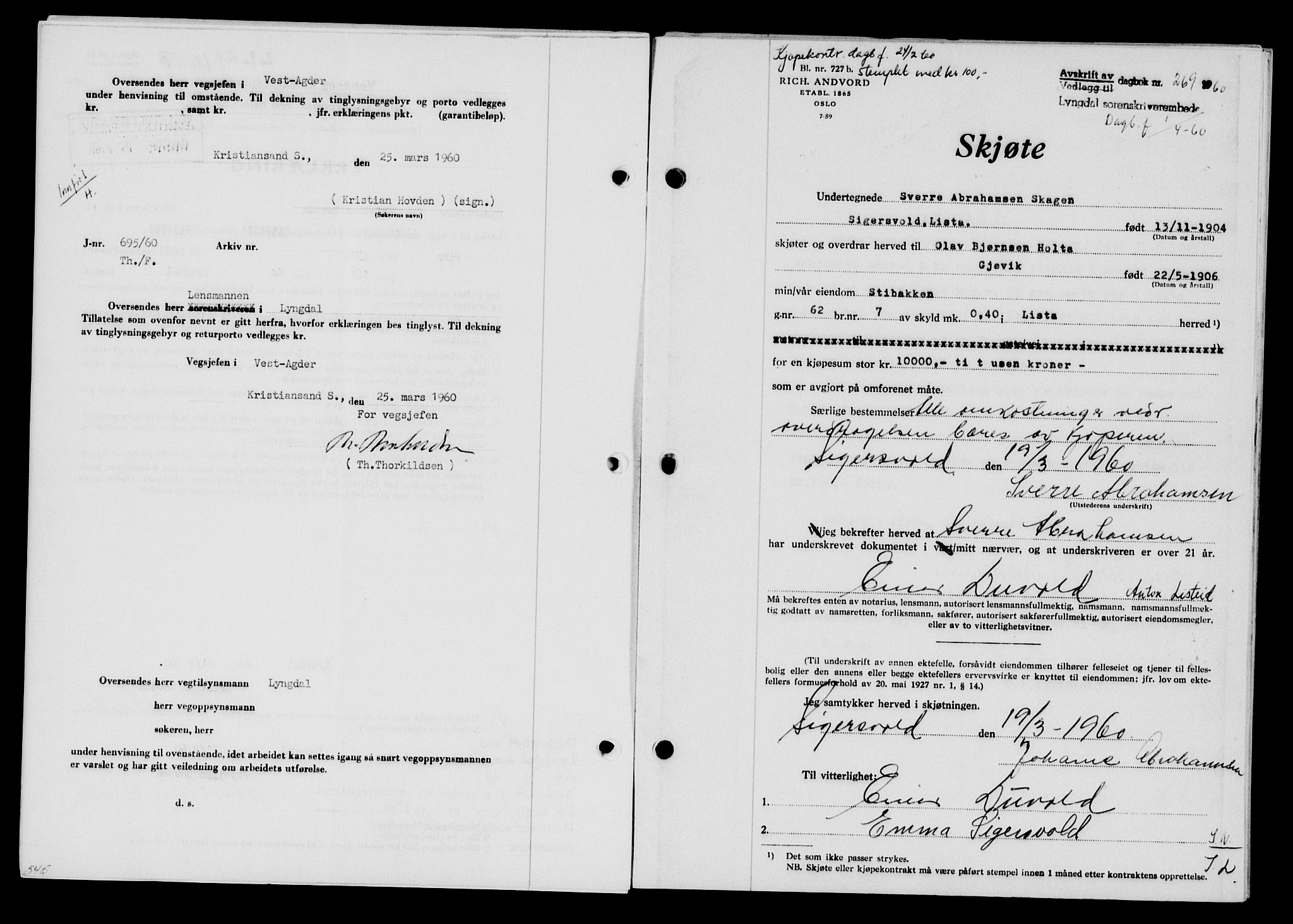 Lyngdal sorenskriveri, AV/SAK-1221-0004/G/Gb/L0679: Mortgage book no. A XXV, 1959-1960, Diary no: : 269/1960