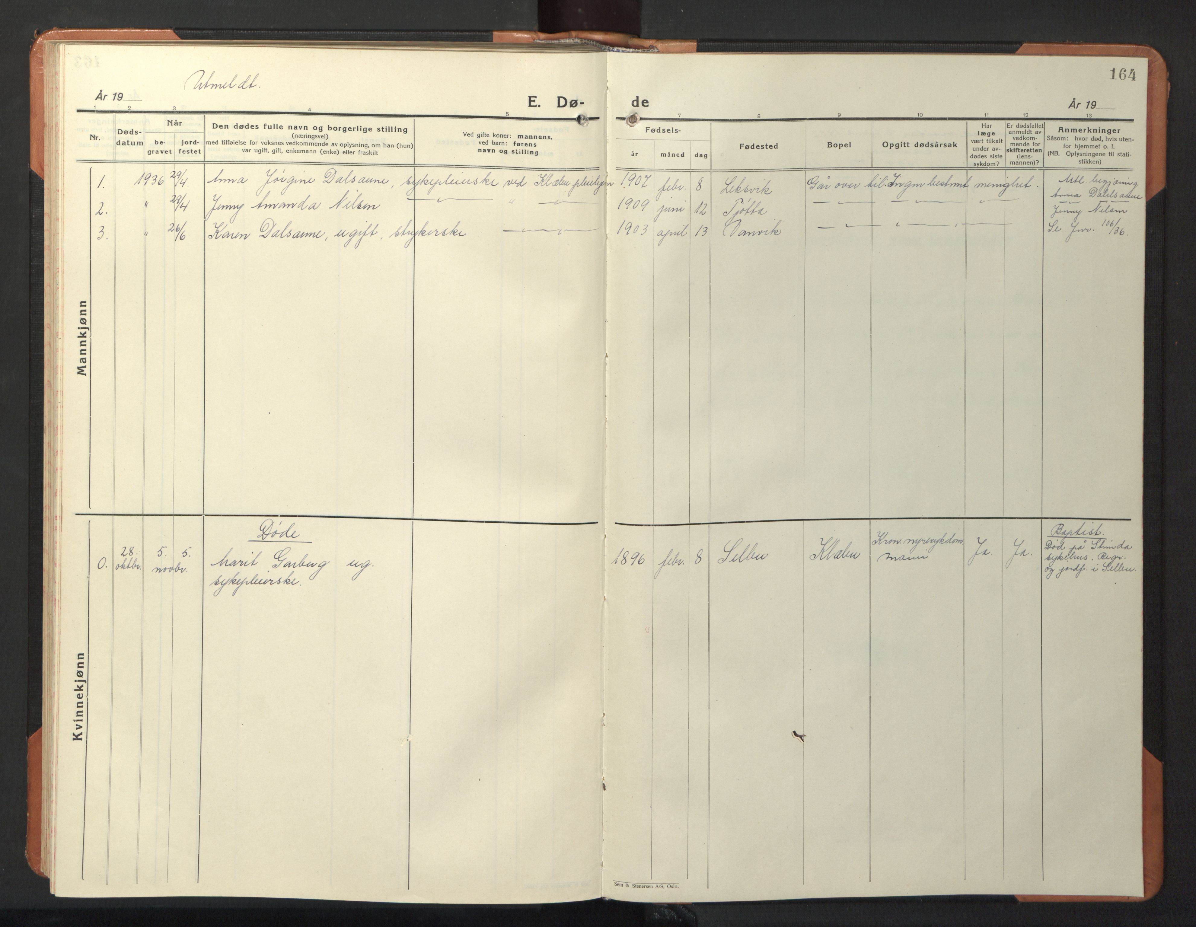 Ministerialprotokoller, klokkerbøker og fødselsregistre - Sør-Trøndelag, SAT/A-1456/618/L0454: Parish register (copy) no. 618C05, 1926-1946, p. 164