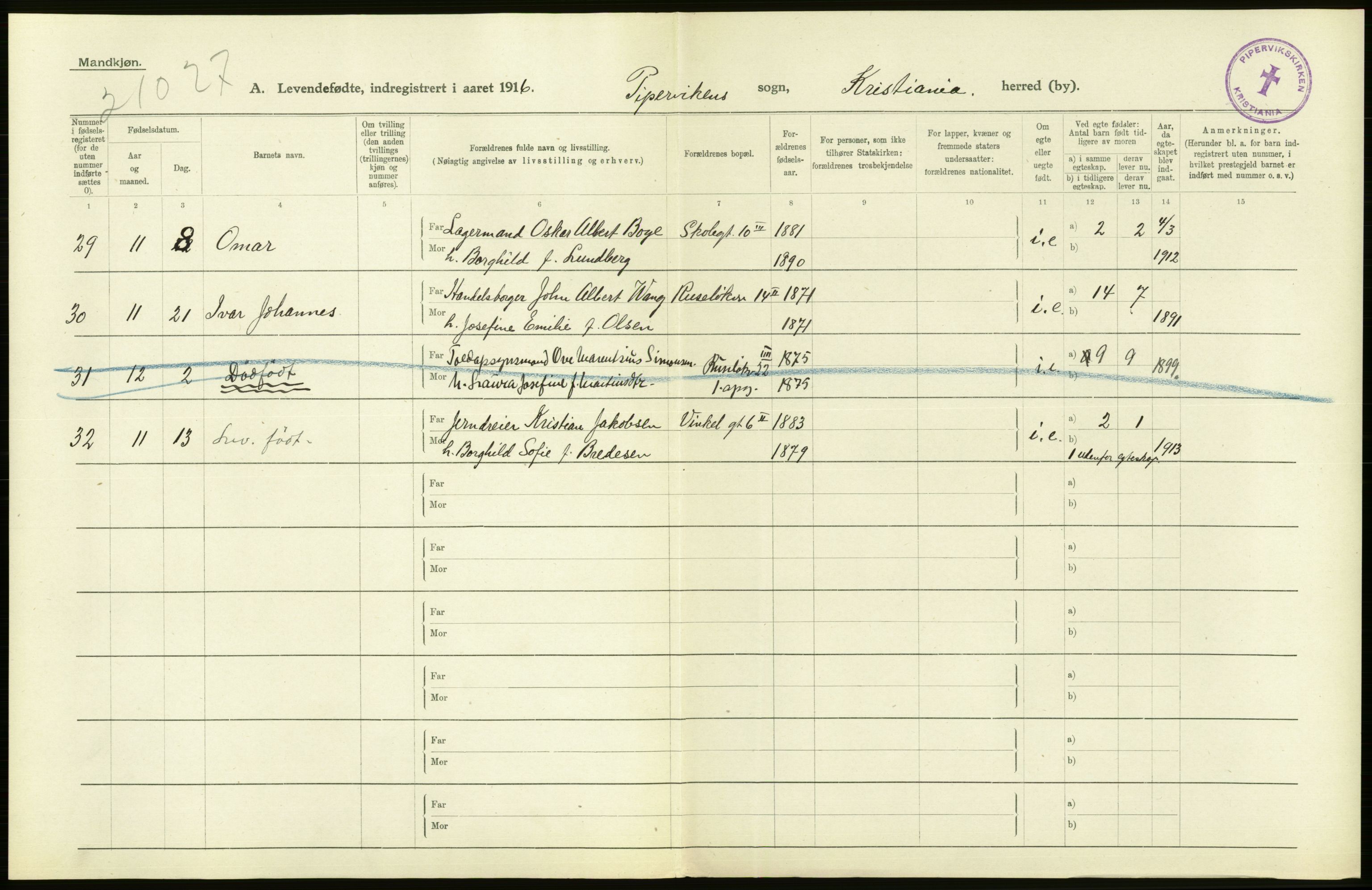 Statistisk sentralbyrå, Sosiodemografiske emner, Befolkning, AV/RA-S-2228/D/Df/Dfb/Dfbf/L0007: Kristiania: Levendefødte menn og kvinner., 1916, p. 498